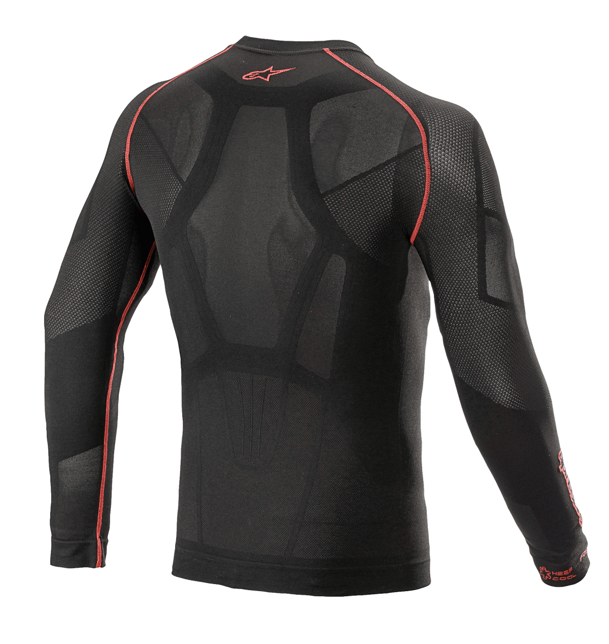 Alpinestars Ride Tech V2 Top Long Sleeve Summer, base layer da moto, nero e rosso, vista posteriore con costruzione body-mapped e inserti in rete aperta, cuciture piatte rosse e logo Alpinestars rosso sul colletto, strato tecnico per climi caldi