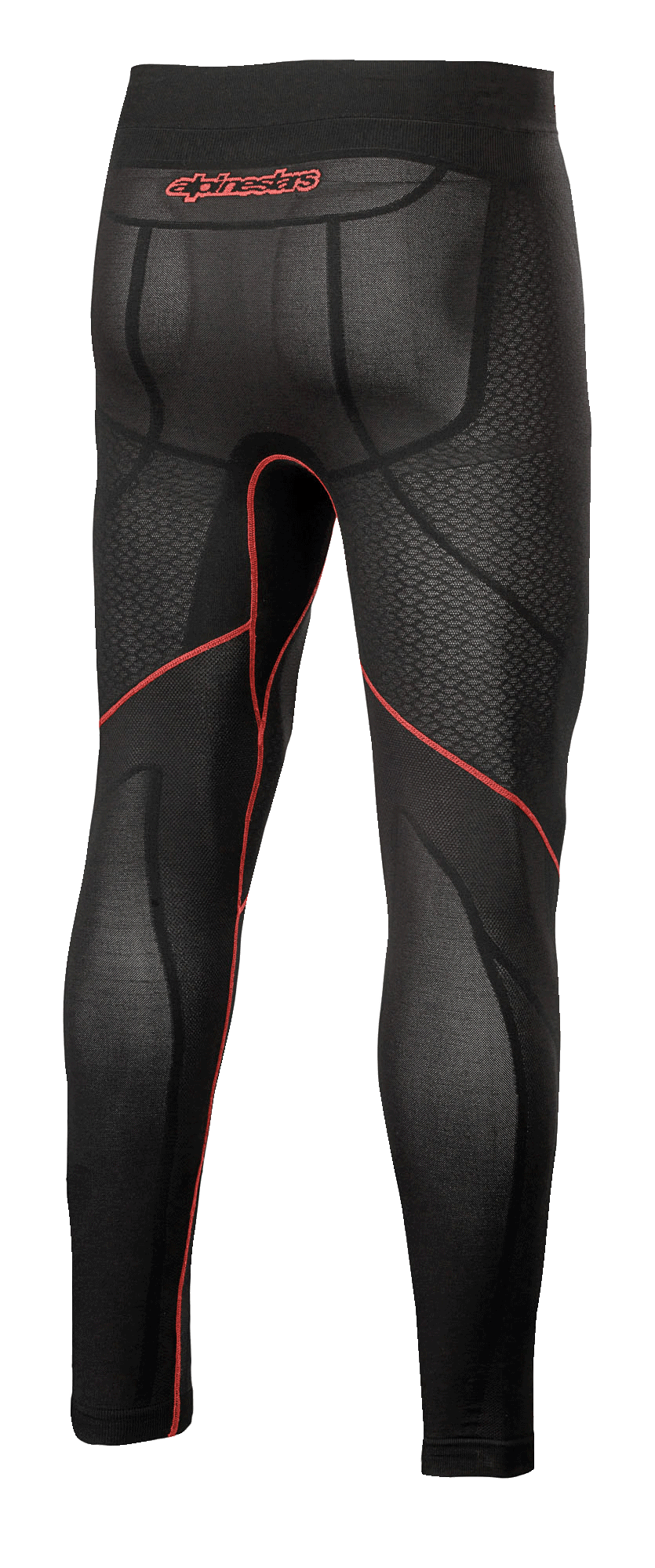 Alpinestars Ride Tech V2 Bottom Summer, pantaloni intimo tecnico da moto, nero e rosso, vista posteriore con cuciture rosse a contrasto, logo Alpinestars rosso sulla fascia in vita e pannelli in mesh traspirante per la guida con il caldo.