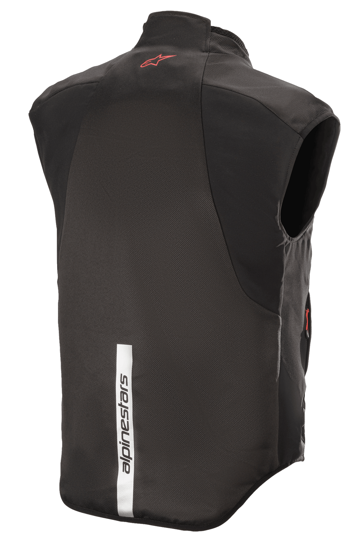 Alpinestars HT Heat Tech Vest, nero, vista posteriore con logo Astars rosso sulla parte superiore e striscia riflettente bianca verticale con marchio Alpinestars sulla parte inferiore, strato di base riscaldato da moto