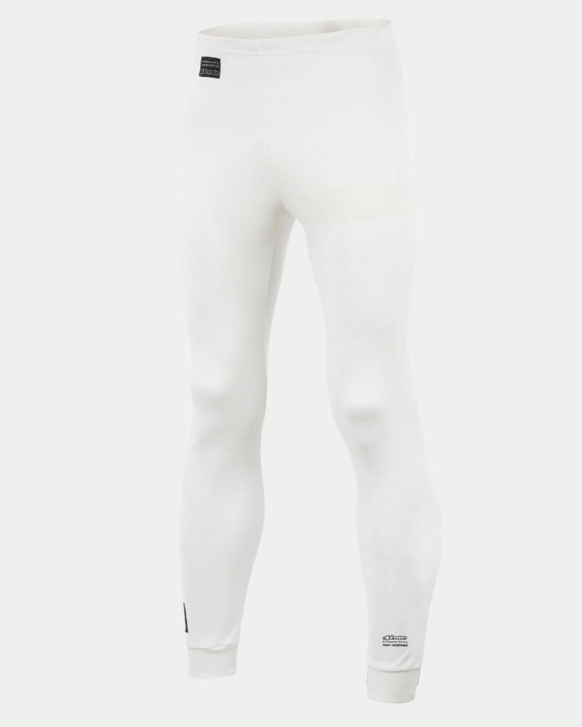 Alpinestars Race Bottom FIA, pantaloni intimo tecnico auto racing, bianco, con etichetta FIA nera sul fianco e logo sulla parte inferiore della gamba, tessuto ignifugo leggero e traspirante per motorsport professionale