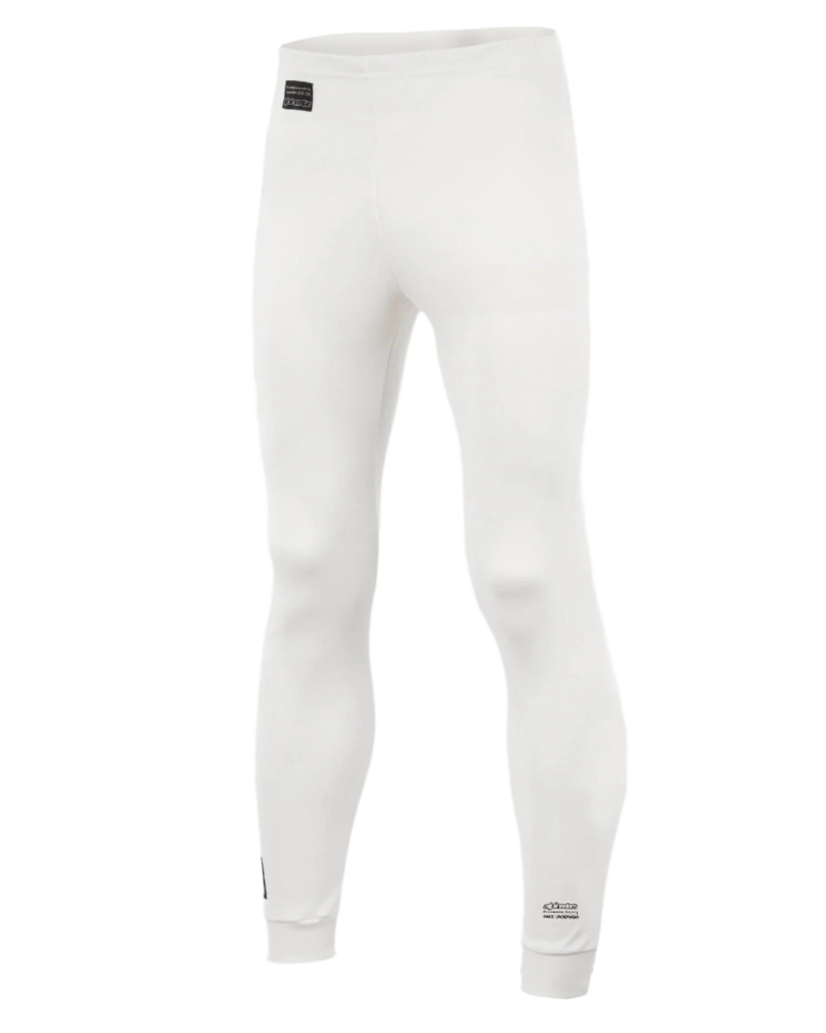 Alpinestars Race Bottom FIA, pantaloni intimo tecnico per auto racing, bianco con patch logo nere, tessuto leggero e ignifugo, progettati per essere indossati sotto la tuta da pilota