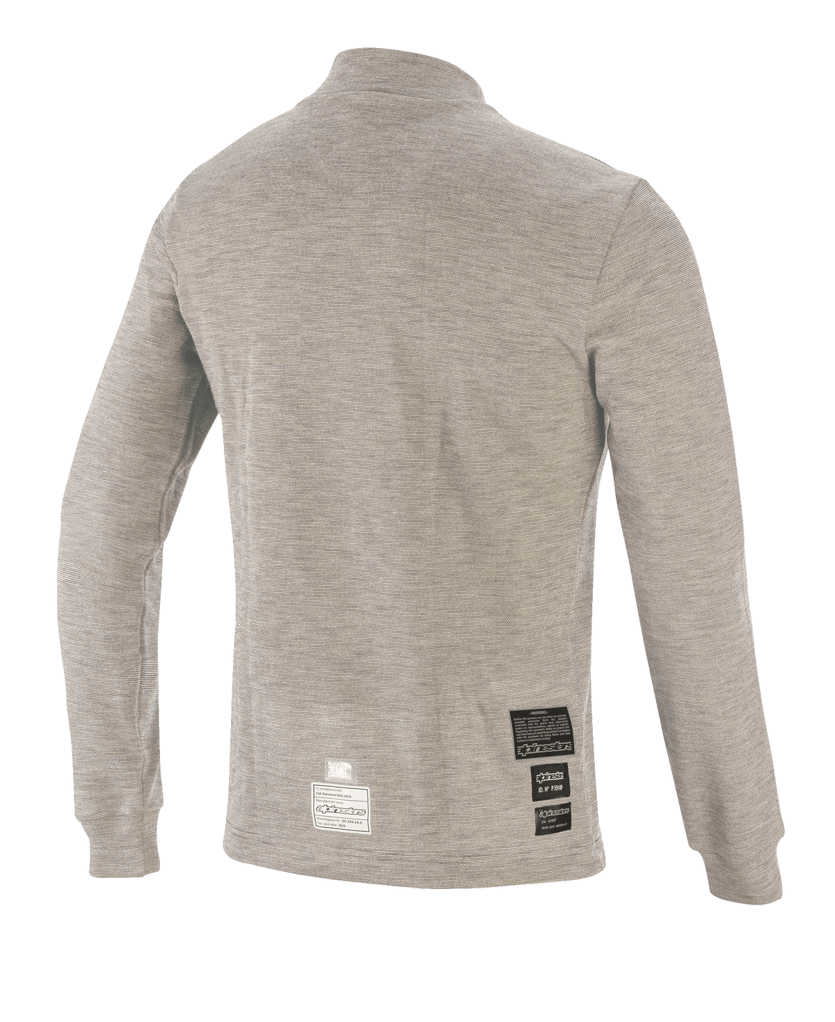 Alpinestars Race V3 Top a maniche lunghe, sottotuta per auto racing, grigio melange, vista posteriore con tessuto tecnico ignifugo e patch di certificazione FIA vicino all'orlo