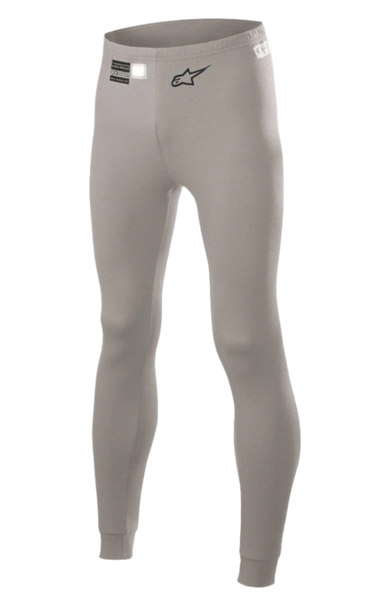 Alpinestars Race V2 Bottom FIA, pantaloni intimo tecnico per auto racing, grigio medio, con logo Alpinestars nero ed etichetta di omologazione FIA sulla fascia in vita, design aderente in materiale ignifugo