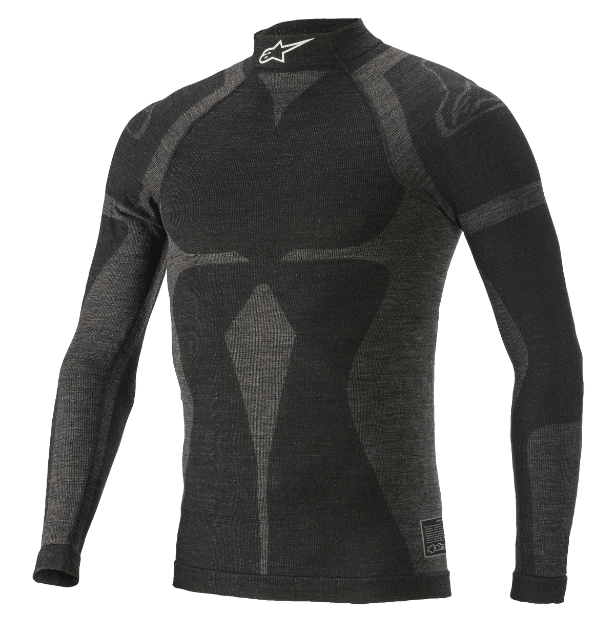 Alpinestars ZX Evo V2 Top a maniche lunghe, maglia intima per auto racing, nero e grigio, collo alto con logo bianco, motivo jacquard, abbigliamento tecnico aderente con trama in maglia leggera