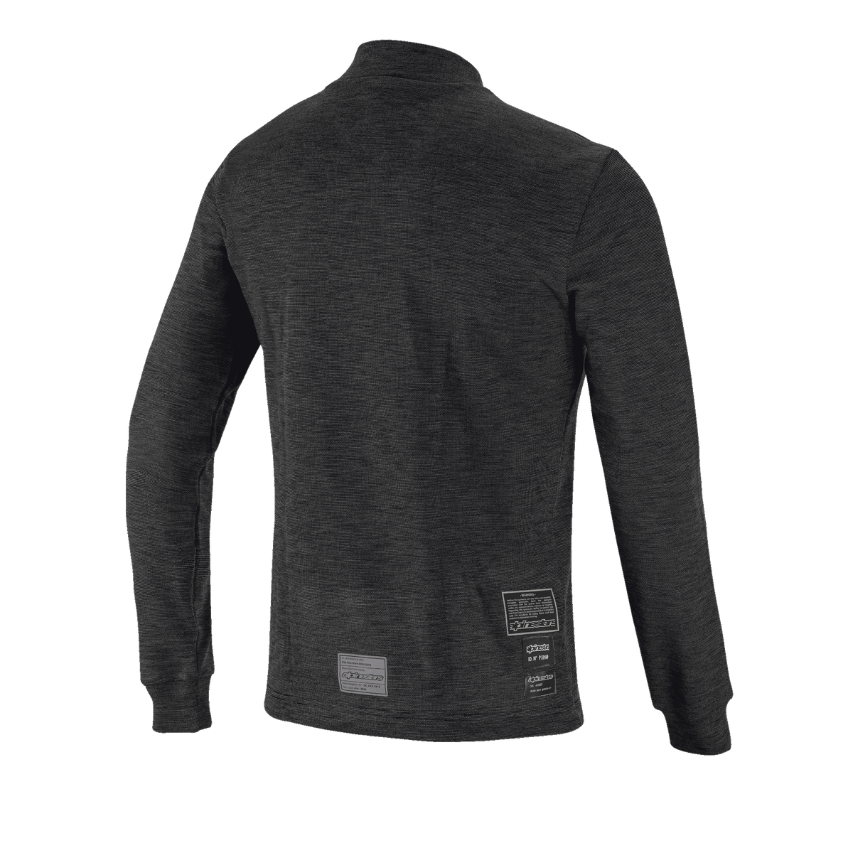 Alpinestars Race V3 Long Sleeve Top, vista posteriore, intimo tecnico ignifugo nero, caratterizzato da un design in maglia testurizzata, maniche lunghe con polsini a costine ed etichette di omologazione FIA sulla parte bassa della schiena.