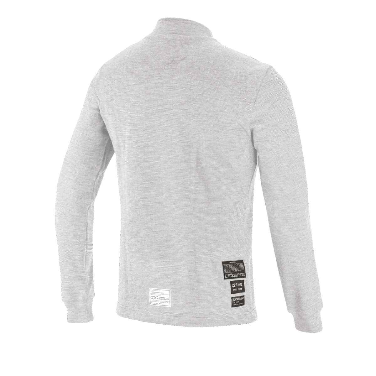 Alpinestars Race V3 Long Sleeve Top, sottotuta tecnico per automobilismo, bianco, vista posteriore con etichette di omologazione FIA 8856-2018, materiale morbido ignifugo per la protezione negli sport motoristici