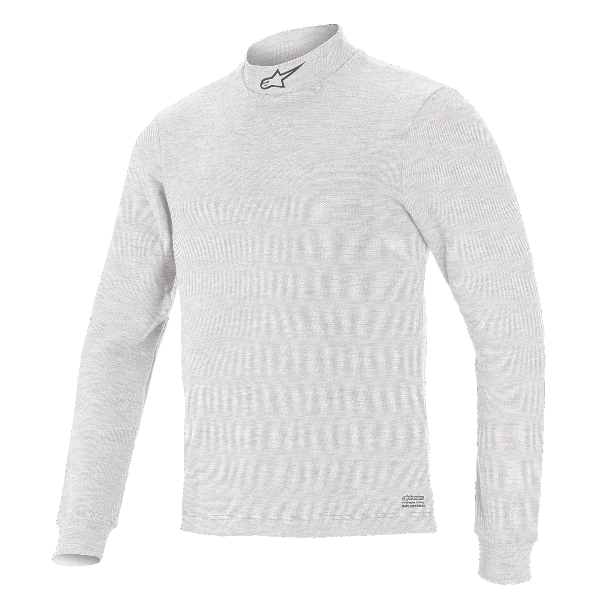 Alpinestars Race V3 Long Sleeve Top, sottotuta tecnico per corse auto, bianco, collo a lupetto con piccolo logo, maniche lunghe, tessuto ignifugo morbido al tatto, design atletico minimalista