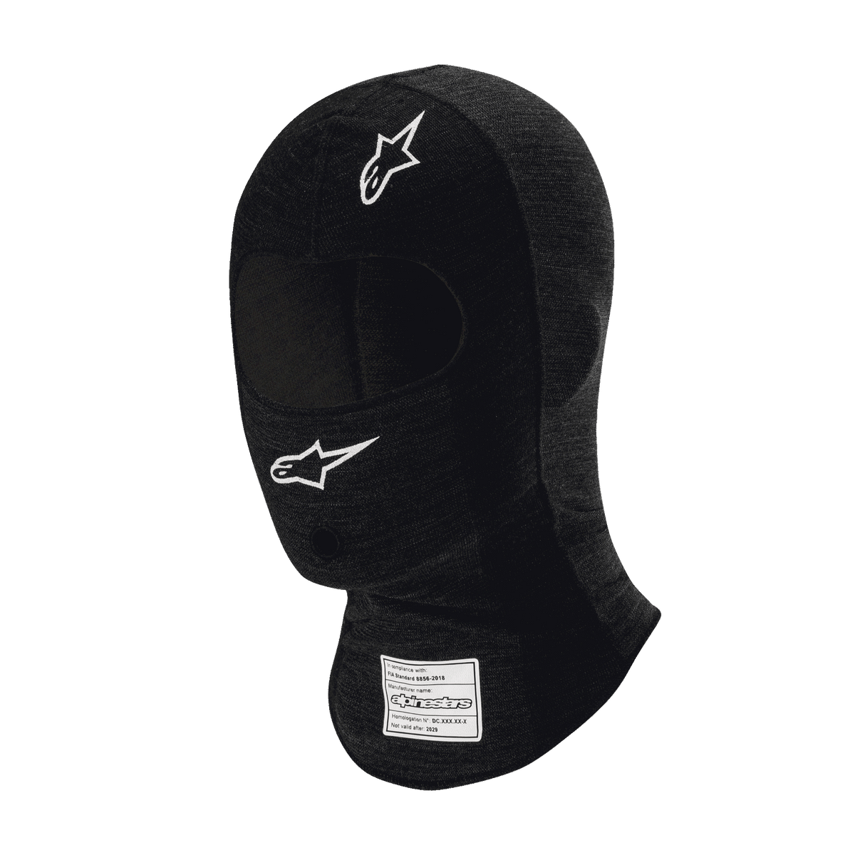 Alpinestars Race V3 Balaclava, passamontagna da auto racing nero resistente alle fiamme, loghi a stella bianchi su fronte e guancia, etichetta di certificazione FIA sul collo, tessuto tecnico leggero con apertura per gli occhi per la protezione della testa nel motorsport