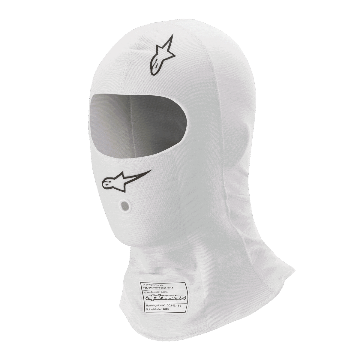 Alpinestars Race V3 Balaclava, sottocasco bianco per auto da corsa, con loghi Alpinestars neri, ampia apertura ovale per gli occhi, etichetta di omologazione FIA 8856-2018 e tessuto leggero resistente alle fiamme