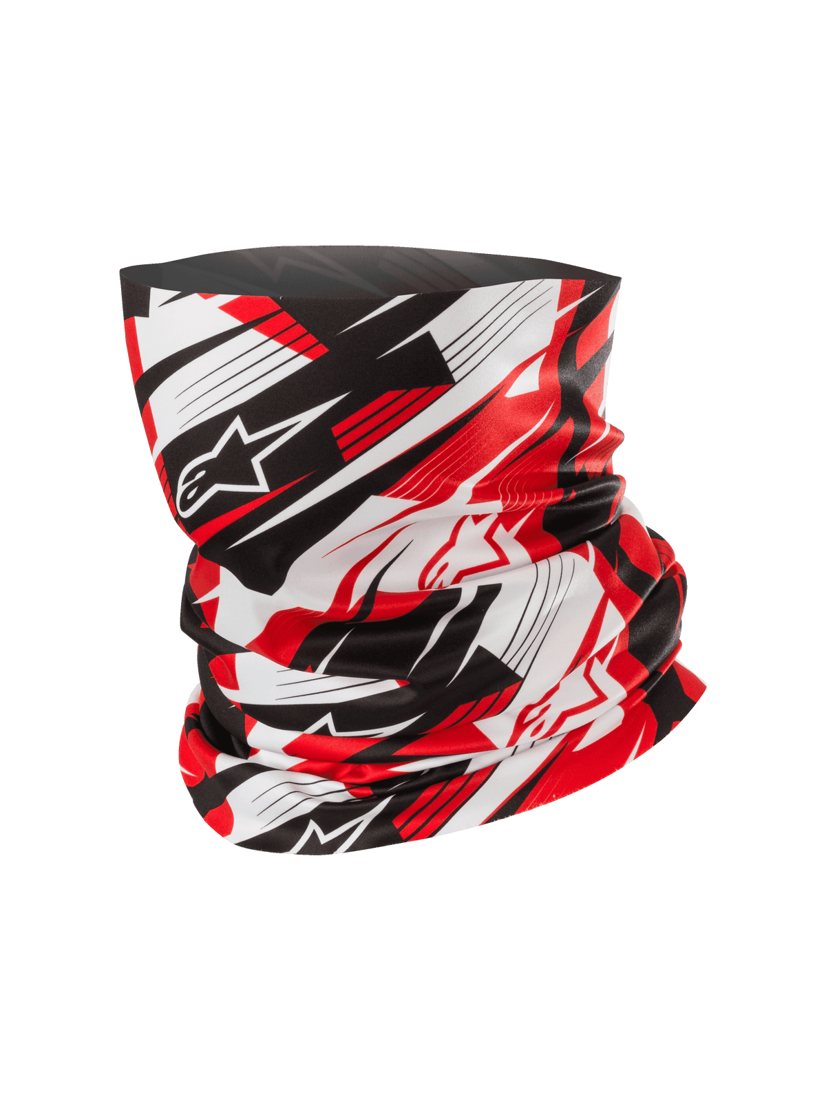Alpinestars Neck Tube, scaldacollo da moto, rosso, nero e bianco, motivo astratto dinamico con linee sfumate e loghi a stella, tessuto leggero effetto seta, accessorio per il motociclismo e le attività all'aperto