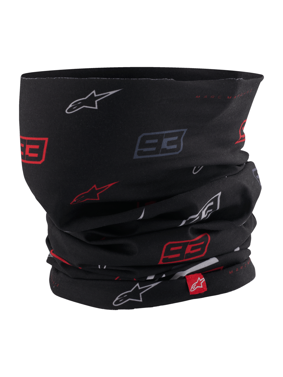 Alpinestars MM93 Neck Tube, scaldacollo da moto, nero con motivo di loghi Marc Márquez 93 e stelle rossi e bianchi, tessuto elastico leggero, con piccola etichetta rossa del marchio Alpinestars