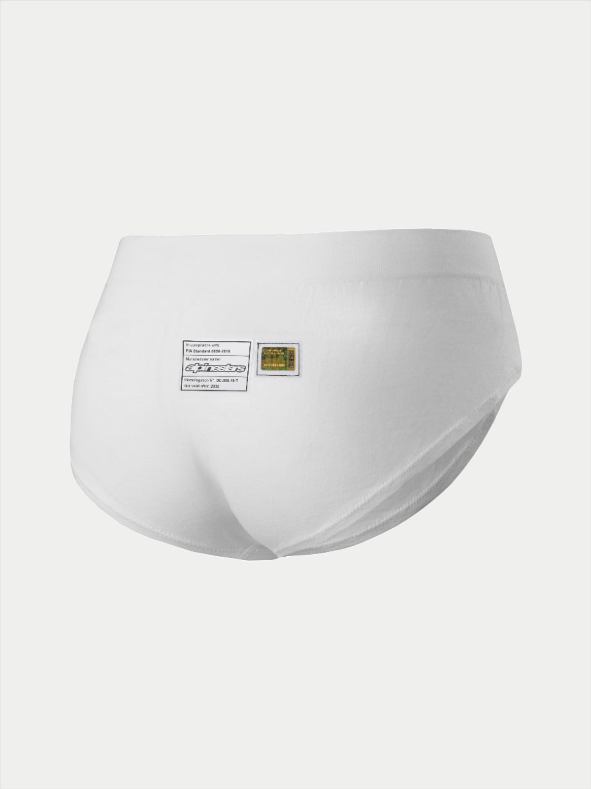 Alpinestars Stella TECH ZX Briefs, slip racing da donna, bianco, vista posteriore con etichette di certificazione FIA 8856-2018 e marchio Alpinestars, strato di base leggero e ignifugo per il motorsport