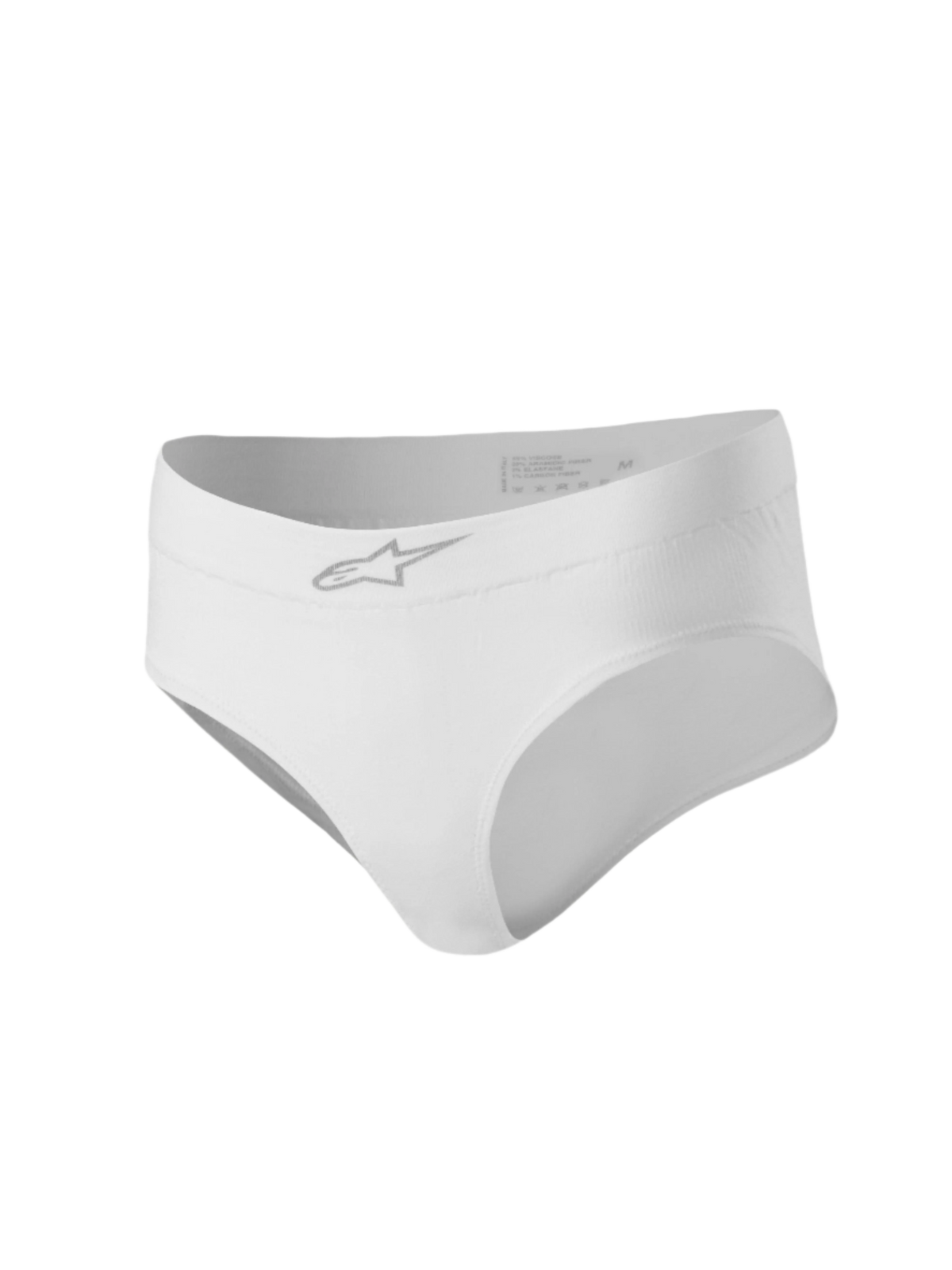 Slip Alpinestars Stella TECH ZX, biancheria intima tecnica da donna, bianco, design a sgambatura alta con logo Astars argento sulla fascia elastica, sottotuta ignifugo certificato FIA 8856-2018 per automobilismo