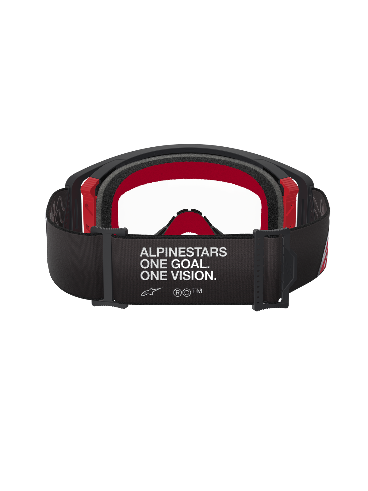 Occhiali Alpinestars Supertech Corp, occhiali da motocross, nero e rosso con lente trasparente, vista posteriore che mostra l'ampia fascia nera con marchio bianco 'ALPINESTARS ONE GOAL. ONE VISION.', schiuma facciale multistrato e accenti della montatura rossi