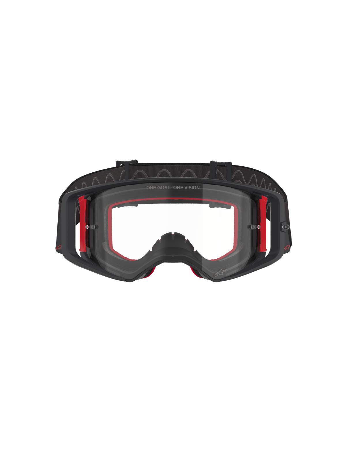 Occhiali Alpinestars Supertech Corp, occhiali da motocross, nero, rosso e trasparente, vista frontale, lente trasparente con scritta 'ONE GOAL. ONE VISION.', montatura nera con dettagli laterali rossi, ampio campo visivo, fascia resistente con grip in silicone ondulato