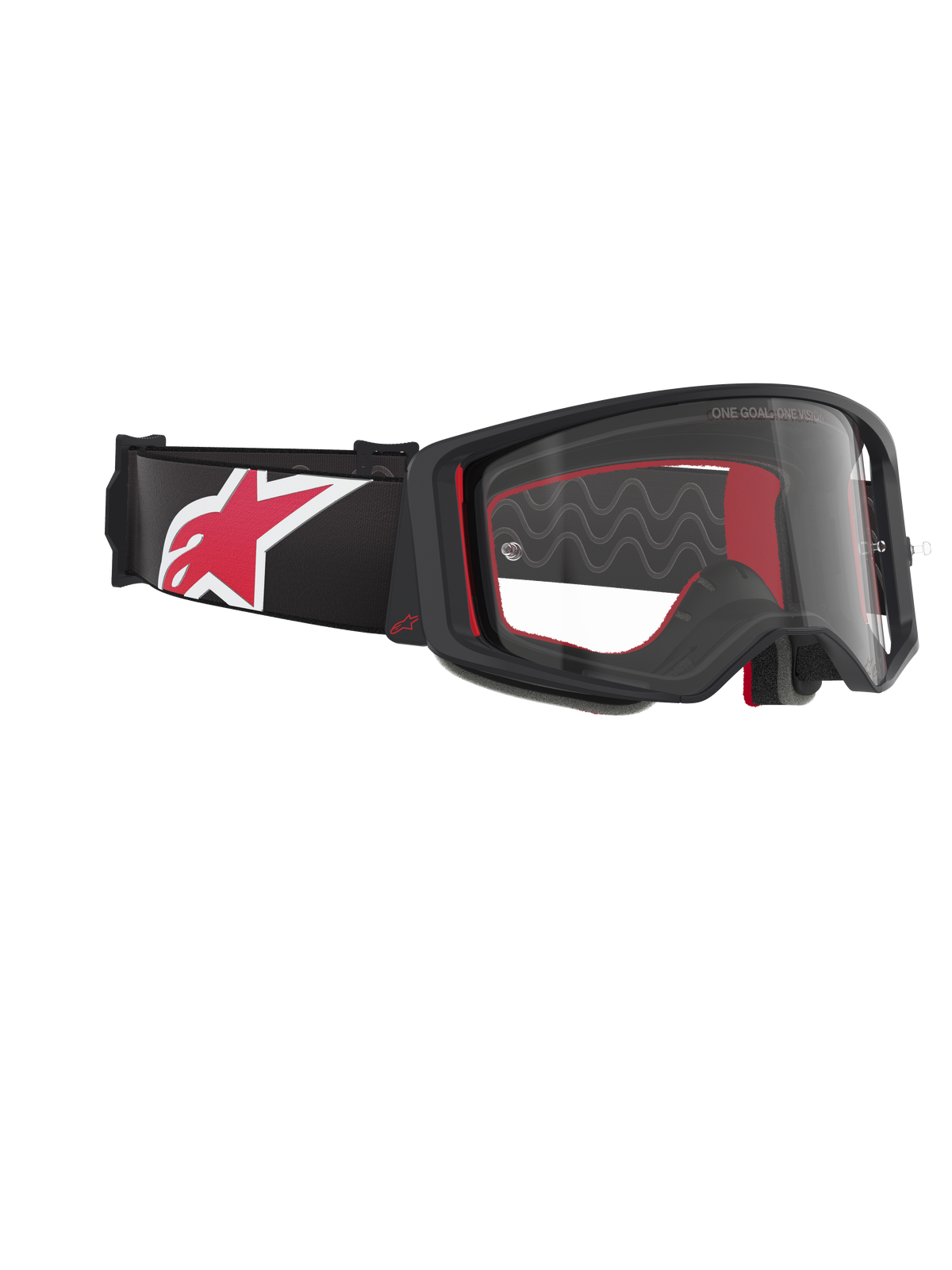 Alpinestars Supertech Corp Goggles, mascherina da motocross, nero, rosso e trasparente, vista laterale angolata con lente trasparente e montatura nera, imbottitura interna rossa, fascia nera con grande logo Alpinestars rosso e bianco, protezione oculare professionale per fuoristrada