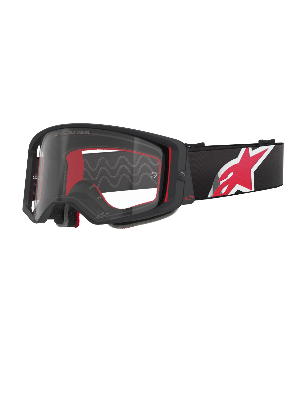 Occhiali Alpinestars Supertech Corp, montatura nera e rossa con lente trasparente, fascia regolabile nera con grande logo a stella rosso e bianco, occhiali da motocross professionali progettati per gare fuoristrada