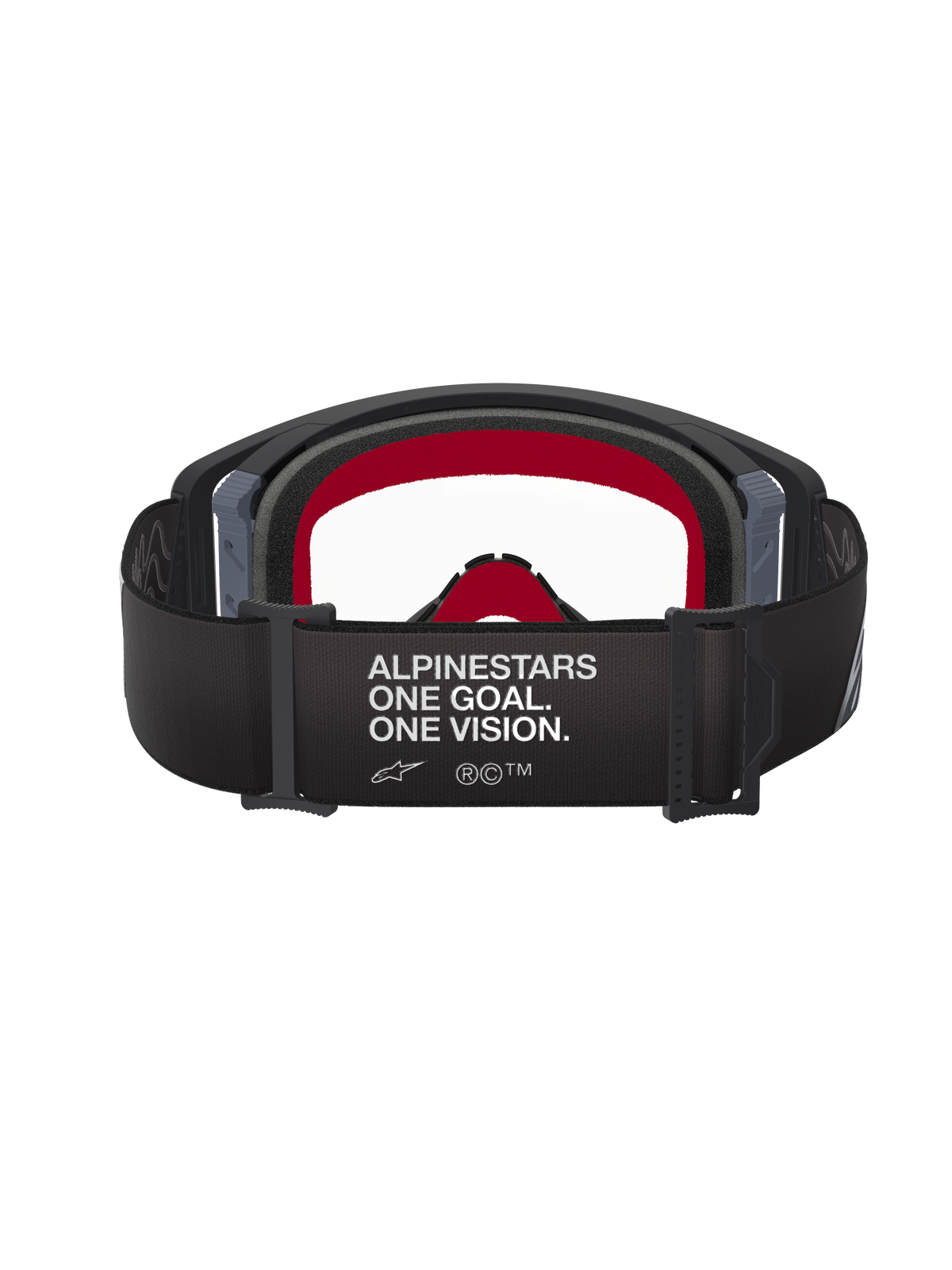 Maschera Alpinestars Supertech Corp, maschera da motocross, montatura nera e grigia con lente trasparente, vista posteriore con fascia nera con slogan 'ALPINESTARS ONE GOAL. ONE VISION.' e imbottitura facciale interna rossa