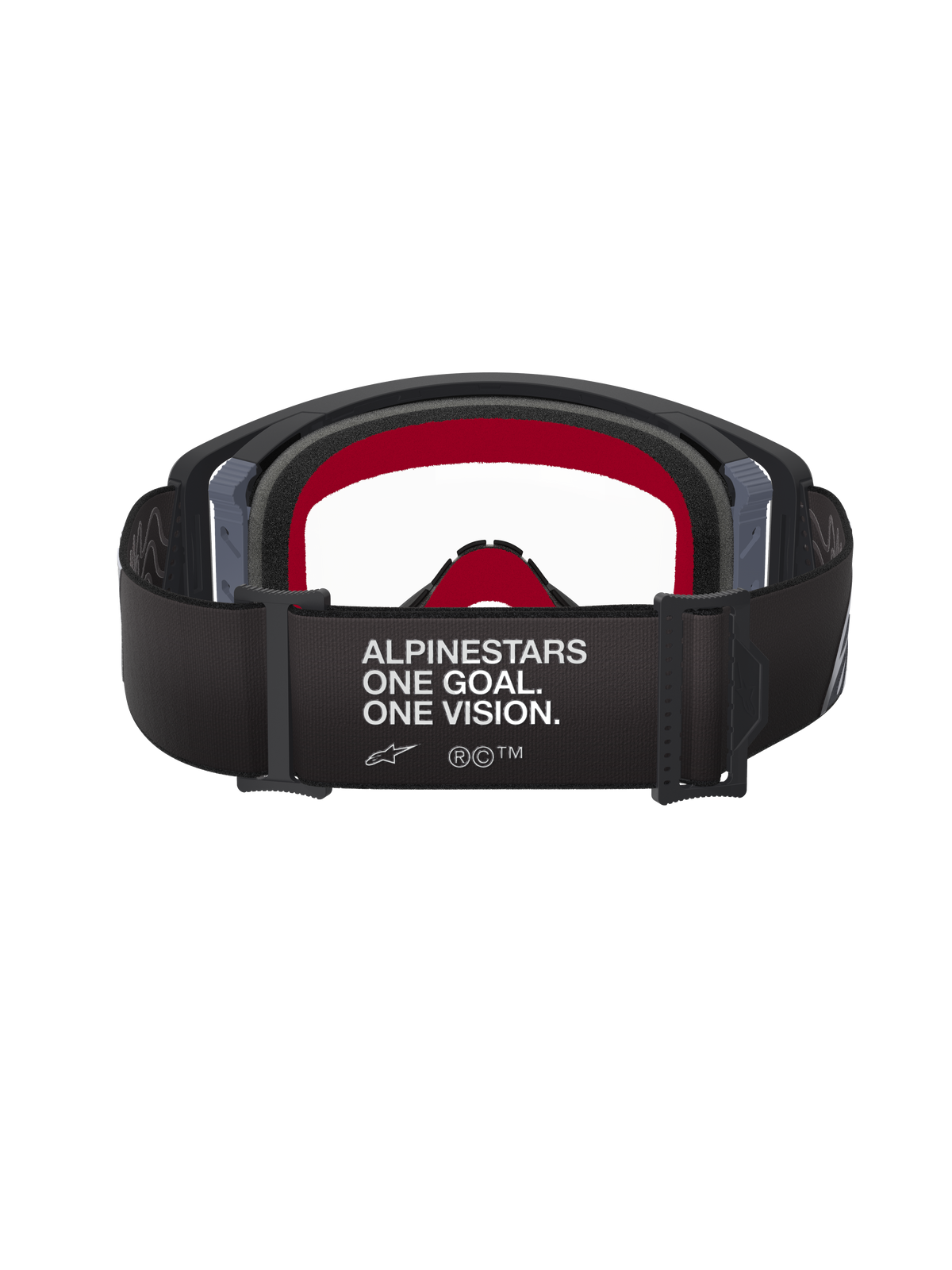 Occhiali Alpinestars Supertech Corp, nero e grigio, vista posteriore che mostra l'ampia fascia nera con testo bianco 'ALPINESTARS ONE GOAL. ONE VISION.', imbottitura interna rossa e lente trasparente, occhiali da motocross ad alte prestazioni