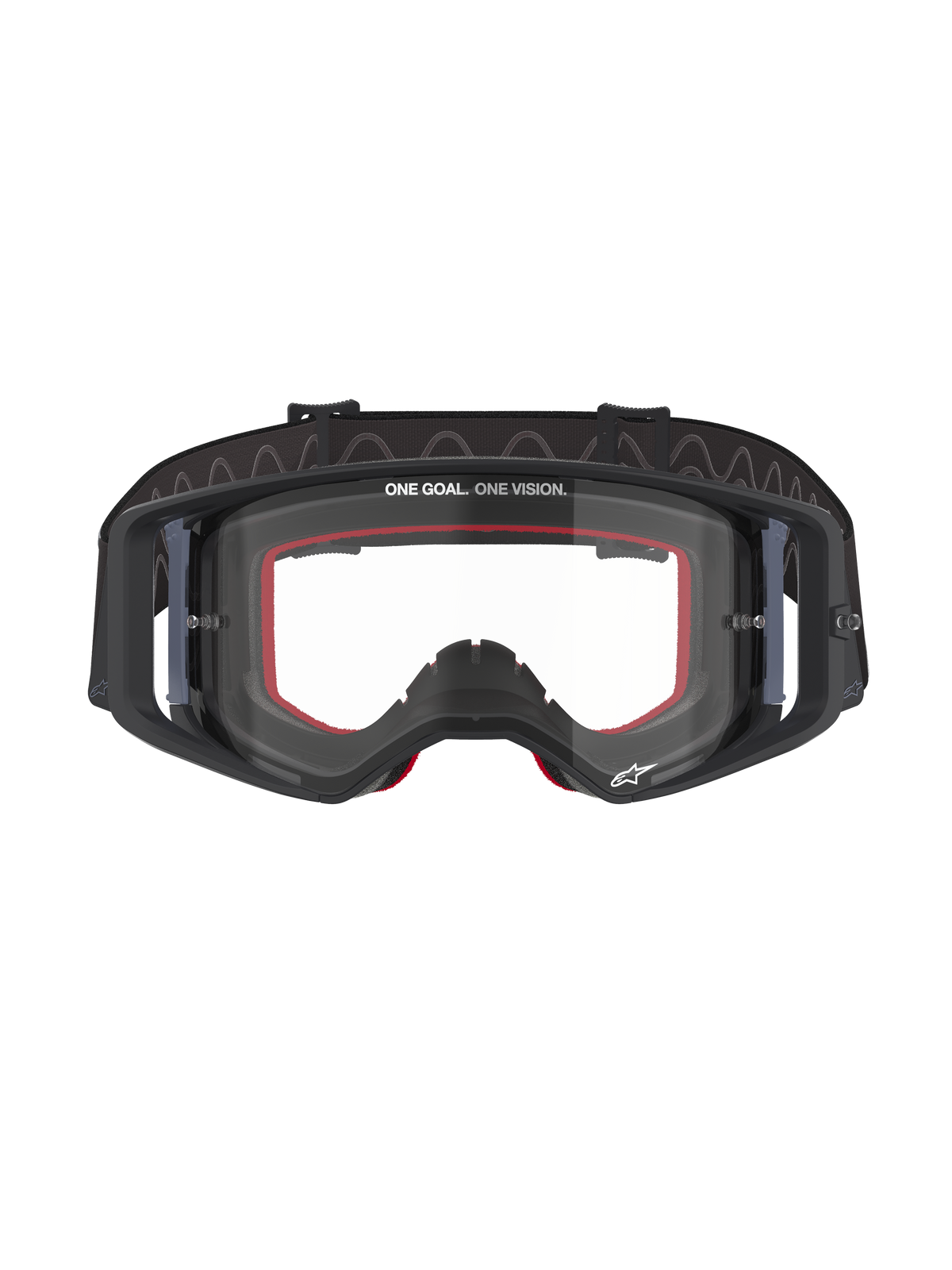 Occhiali Alpinestars Supertech Corp, occhiali da motocross, montatura nera con lente trasparente, imbottitura interna rossa, scritta 'ONE GOAL. ONE VISION.' sulla parte superiore della lente e fascia nera con interno in silicone, occhiali professionali per gare fuoristrada