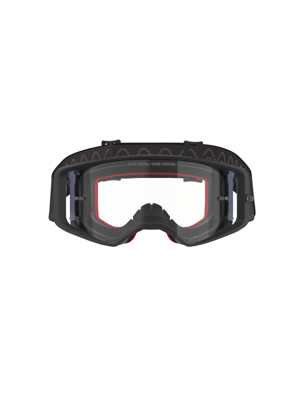 Alpinestars Supertech Corp Goggles, occhiali da motocross, nero e grigio con lente trasparente, vista frontale con imbottitura interna in spugna rossa e ampia fascia nera regolabile, occhiali off-road ad alte prestazioni
