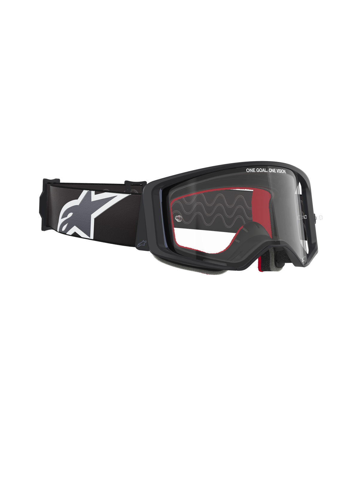 Alpinestars Supertech Corp Goggles, occhiali da motocross, montatura nera con lente trasparente, fascia nera regolabile con grande logo a stella Alpinestars bianco, accenti interni in schiuma rossa, protezione oculare professionale per corse fuoristrada