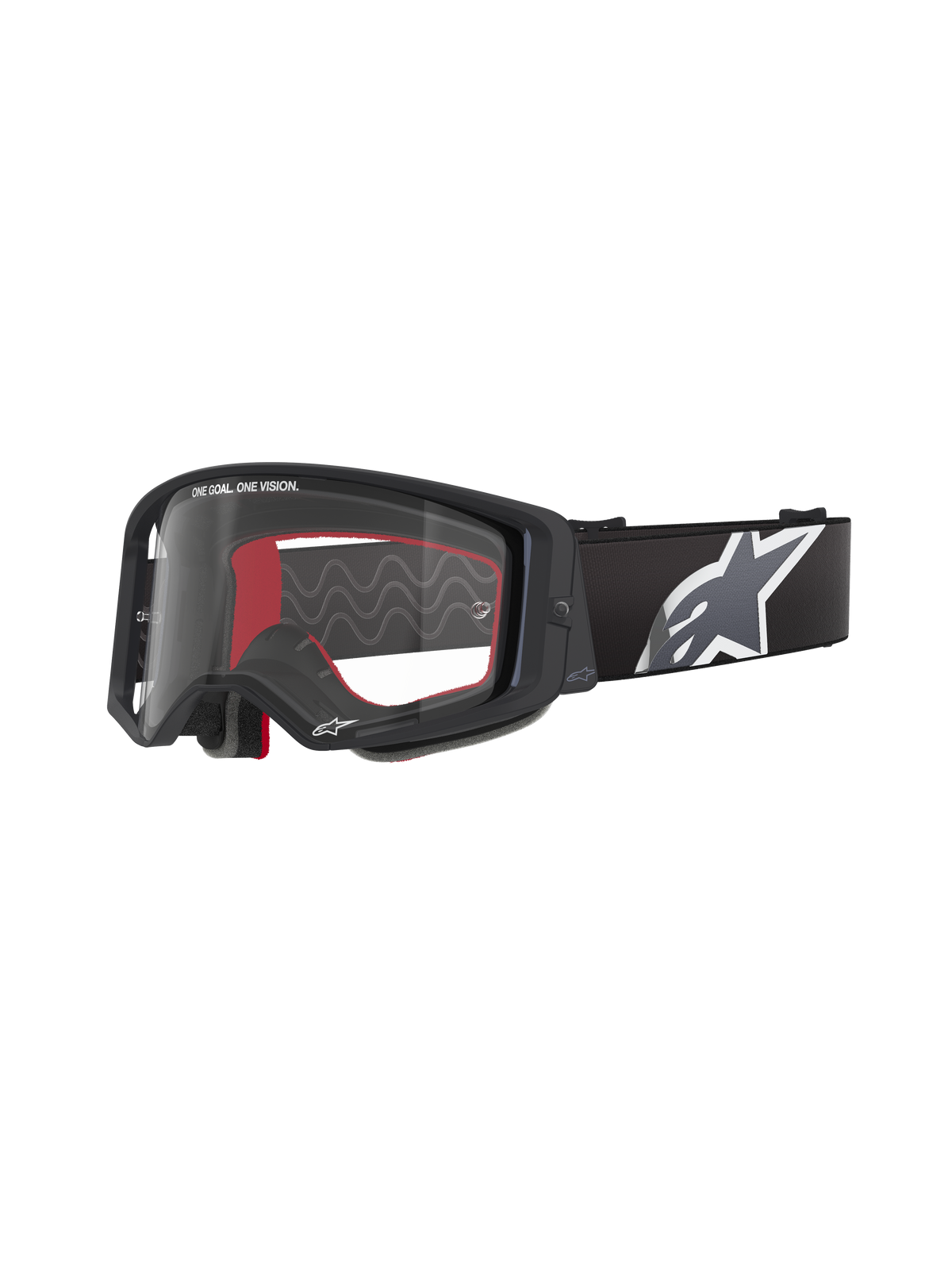 Alpinestars Supertech Corp Goggles, occhiali da motocross, nero con interno rosso, lente trasparente, fascia nera con grande logo a stella bianco, scritta "ONE GOAL. ONE VISION.", eyewear performance per fuoristrada