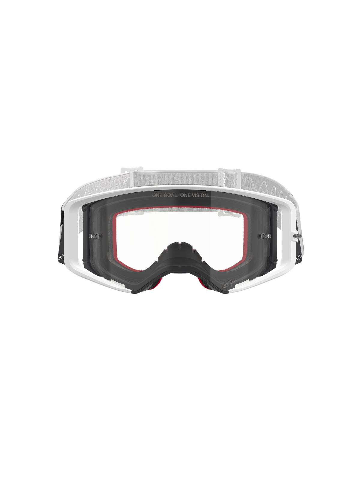 Alpinestars Supertech Corp Goggles, maschera da motocross, bianco con lente trasparente, fascia regolabile bianca e grigio chiaro, con scritta 'ONE GOAL. ONE VISION.' sulla lente, accenti rossi sulla spugna facciale, equipaggiamento protettivo ad alte prestazioni per corse fuoristrada