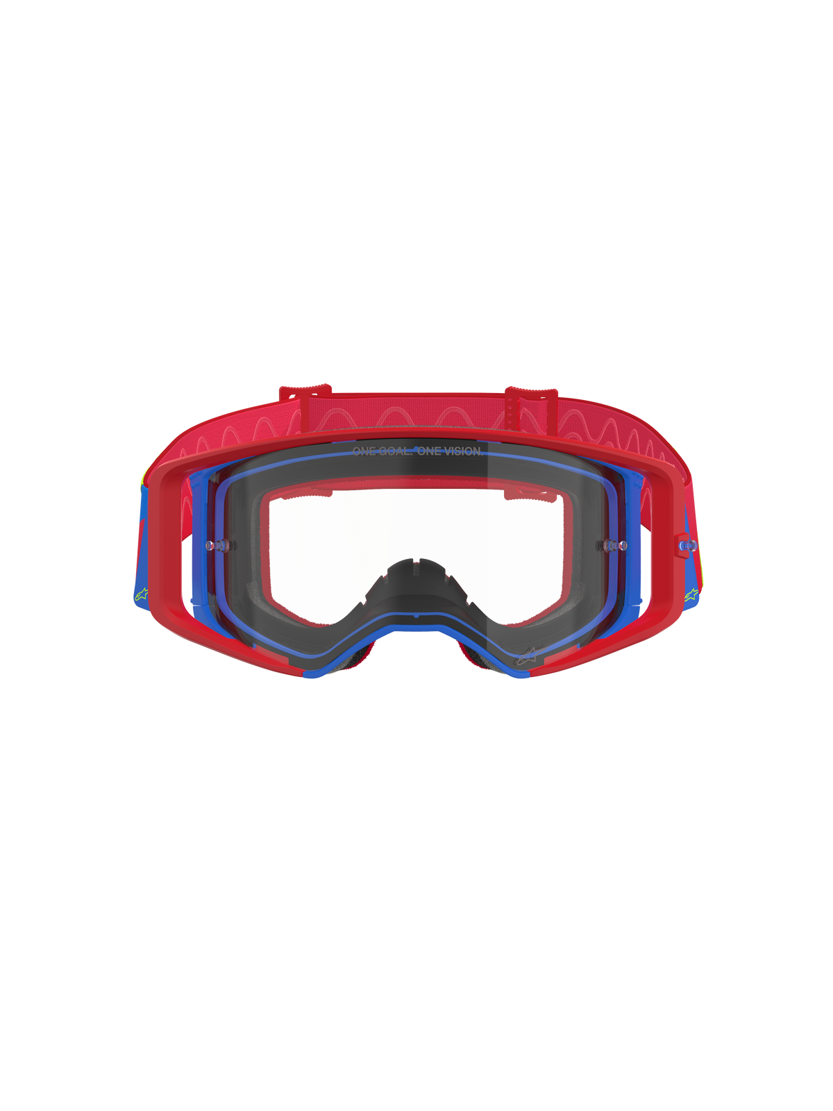 Alpinestars Supertech Corp Goggles, maschere da motocross, rosso e blu con lente trasparente, montatura esterna rossa e montatura interna blu, fascia rossa con motivo in silicone ondulato, occhiali ad alte prestazioni per gare fuoristrada