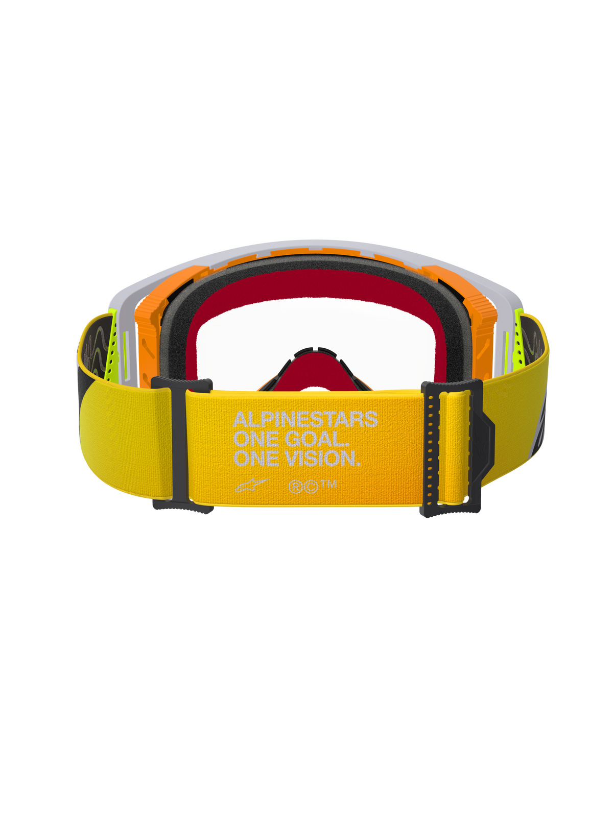 Occhiali Alpinestars Supertech Corp, maschera da motocross, giallo fluo e grigio, vista posteriore con fascia gialla e logo bianco 'ALPINESTARS ONE GOAL. ONE VISION.', imbottitura facciale multistrato e telaio resistente per gare off-road