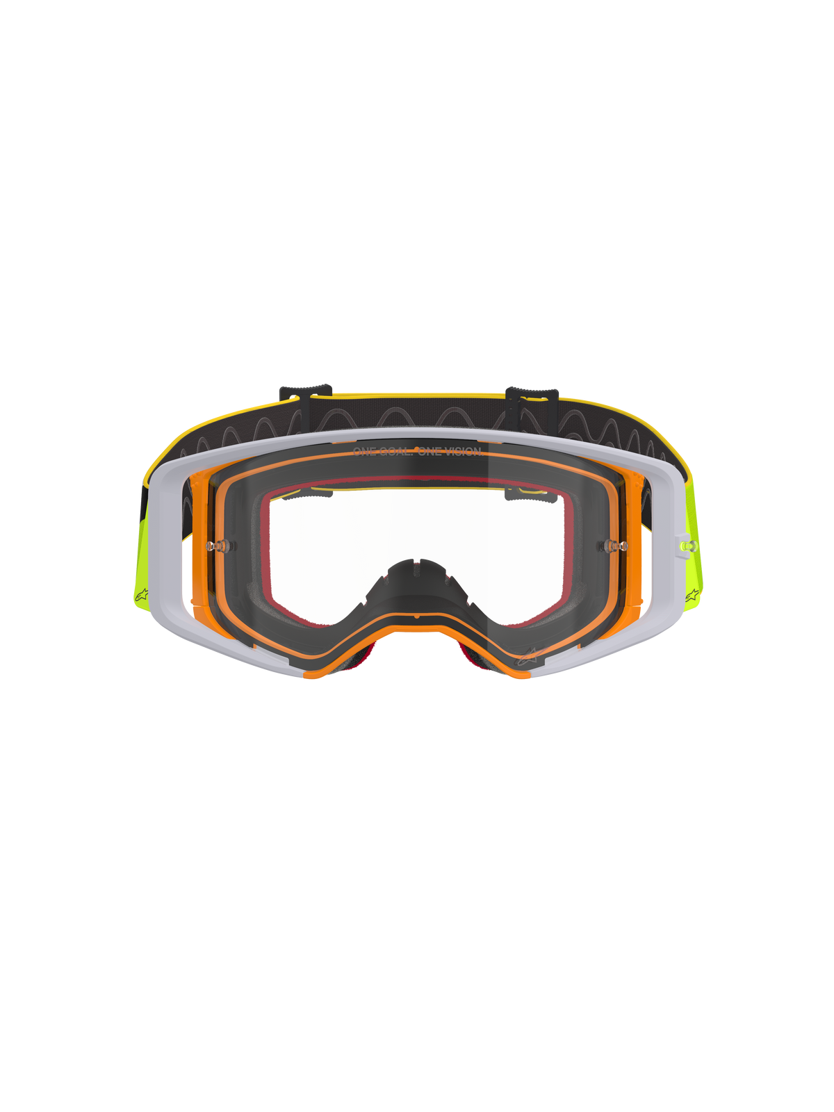 Alpinestars Supertech Corp Goggles, occhiali da motocross, montatura giallo fluo e bianca con lente trasparente, accenti grigi, fascia nera regolabile con logo giallo e grip interno in silicone, occhiali ad alte prestazioni per gare fuoristrada.