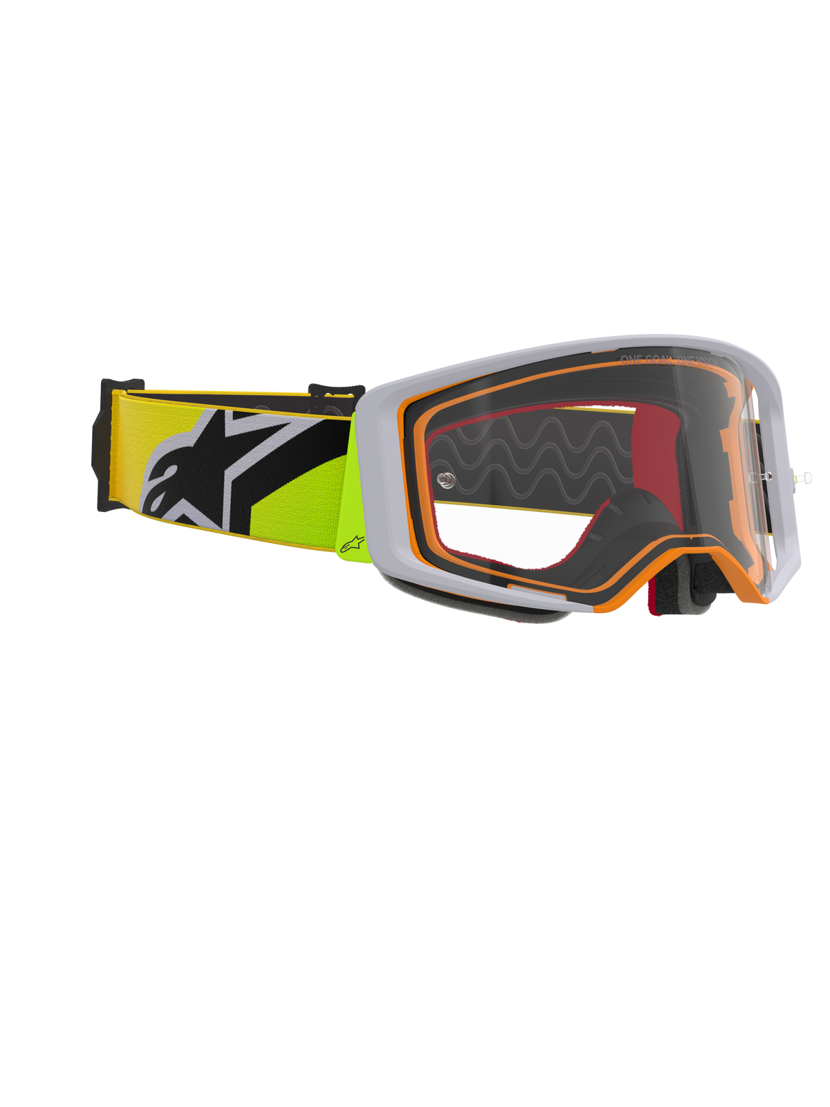 Alpinestars Supertech Corp Goggles, occhiali da motocross, giallo fluo e grigio, lente trasparente con dettagli arancioni sulla montatura, dotati di cinturino giallo fluo con logo Alpinestars nero per gare fuoristrada