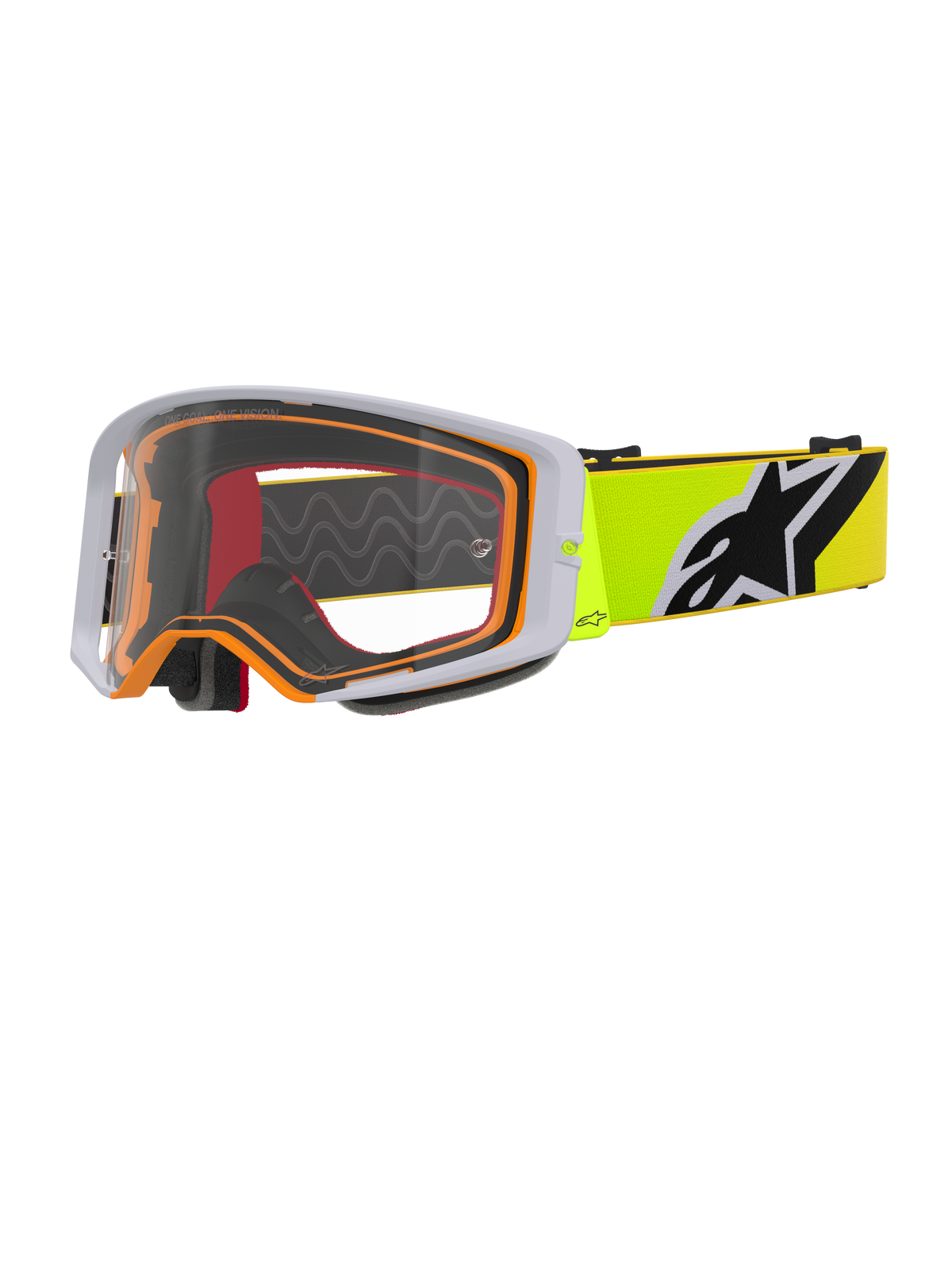 Alpinestars Supertech Corp Goggles, maschera da motocross, giallo fluo grigio trasparente, montatura esterna grigia con guarnizione interna arancione, lente trasparente, fascia giallo brillante con logo Alpinestars bianco e nero, occhiali ad alte prestazioni per gare fuoristrada