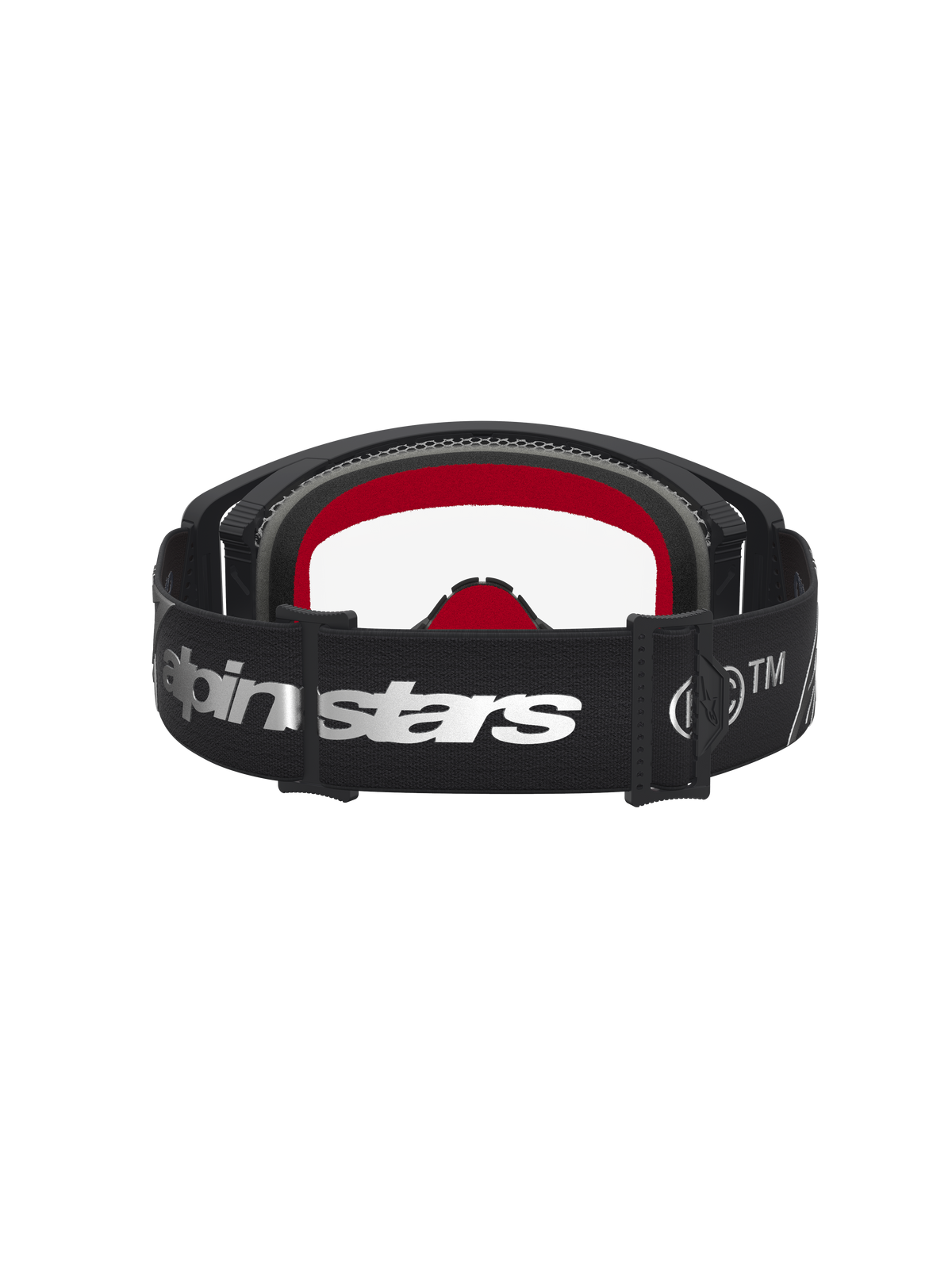 Alpinestars maschere Supertech Dura Air Fluid, maschere da motocross e fuoristrada, nero e argento con lente trasparente e imbottitura interna rossa, vista posteriore del cinturino regolabile con logo Alpinestars argento