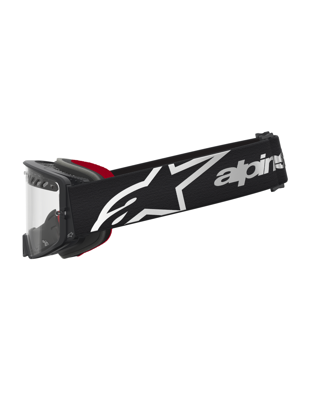 Alpinestars maschere Supertech Dura Air Fluid, maschere motocross off-road, nero e rosso, lente trasparente e logo bianco.