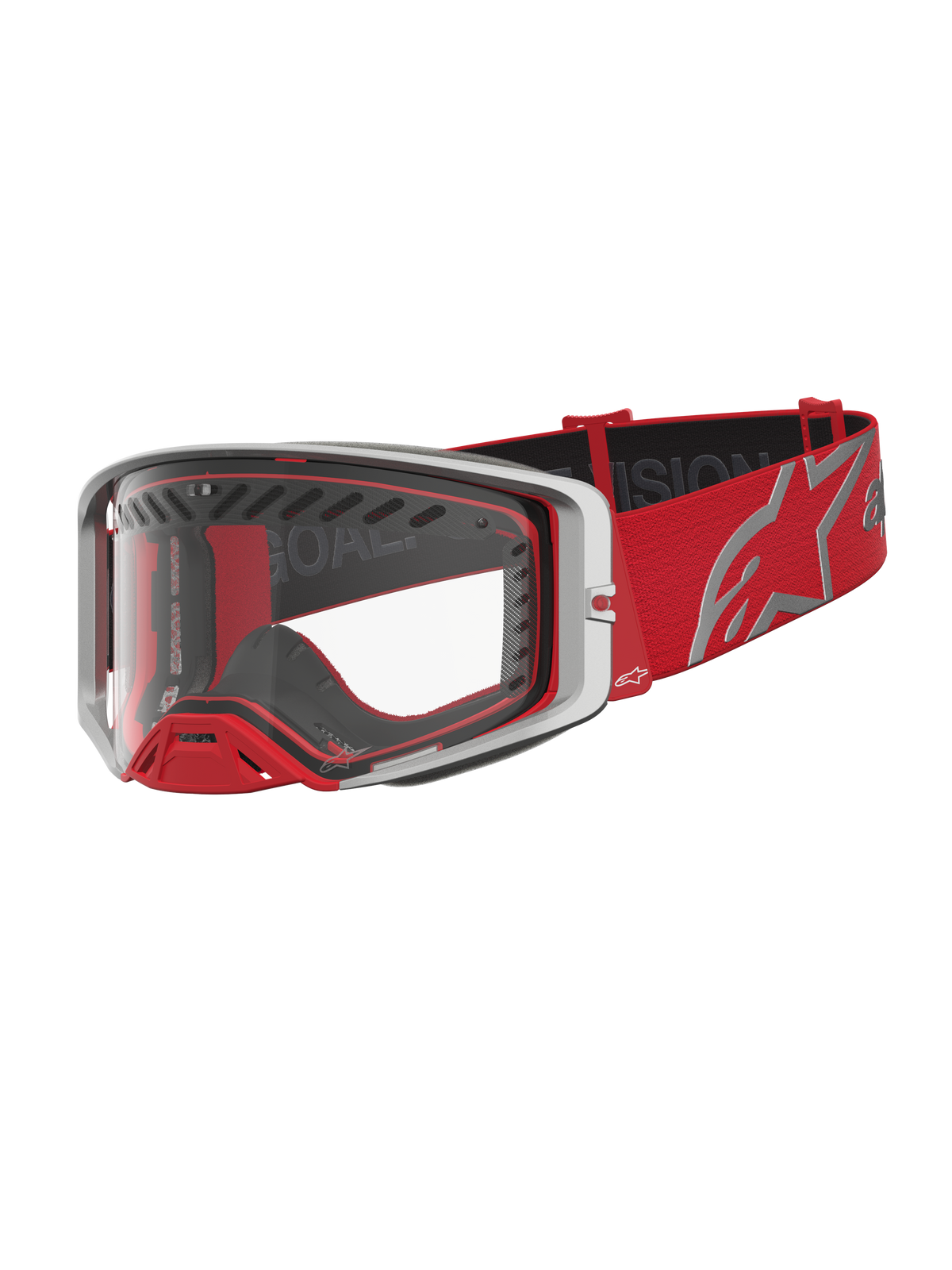 Alpinestars Supertech Dura Air Fluid, maschere da motocross racing, rosse e argento, con lente in policarbonato trasparente.