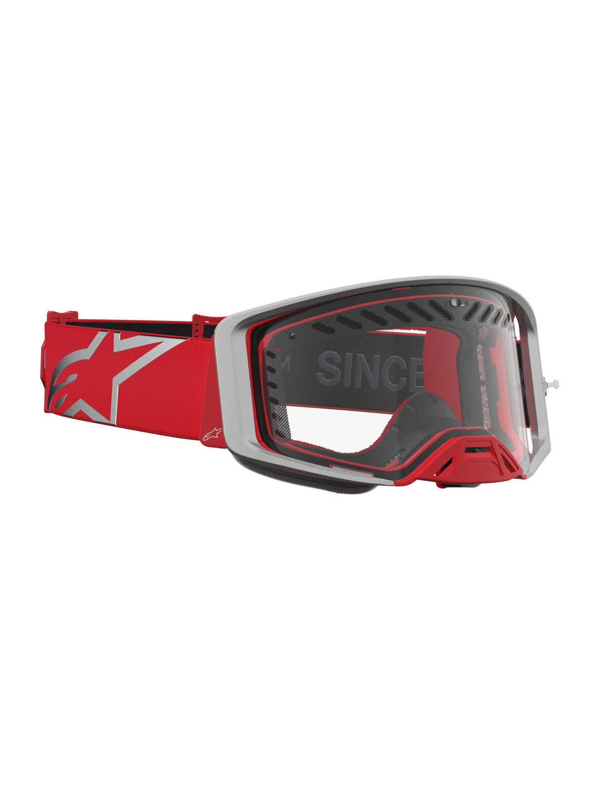 Maschere Alpinestars Supertech Dura Air Fluid da motocross, rosse e argento, con lente trasparente e ventilazione avanzata.