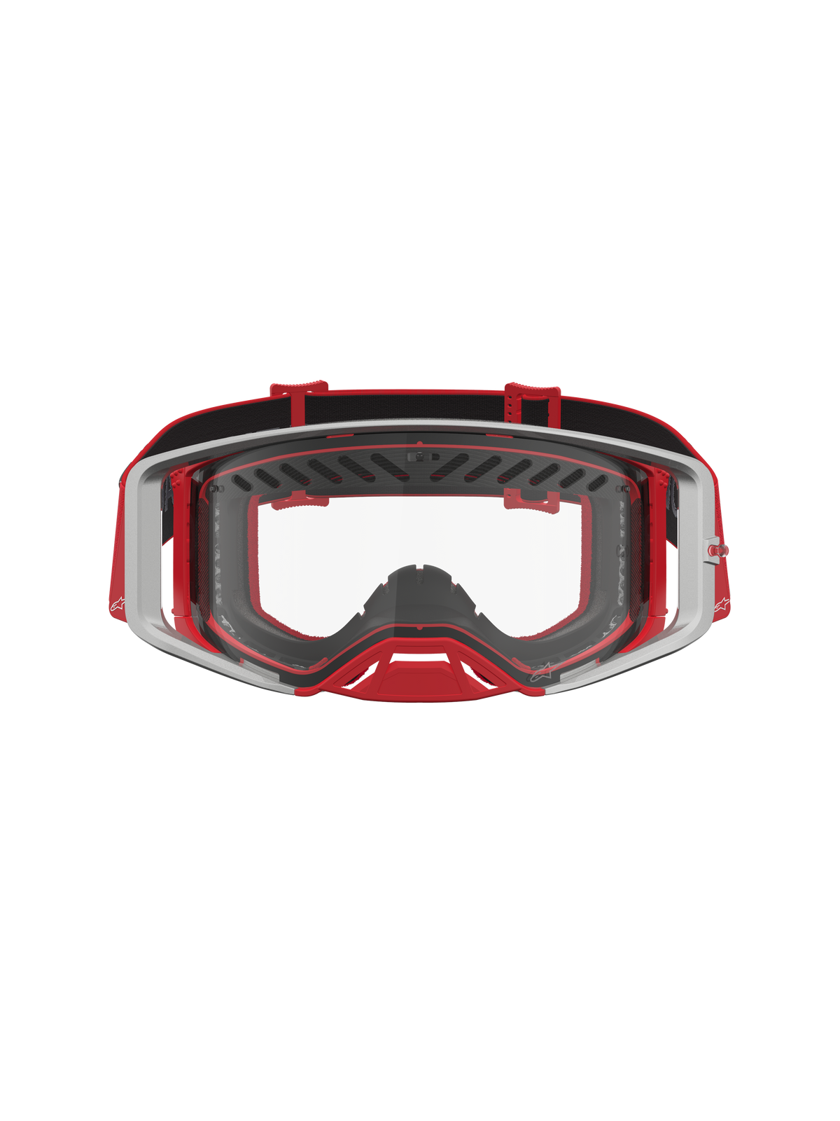 Alpinestars Maschere Supertech Dura Air Fluid, maschere da motocross professionali, rosso e argento, lente in policarbonato trasparente, design per prestazioni off-road e supercross