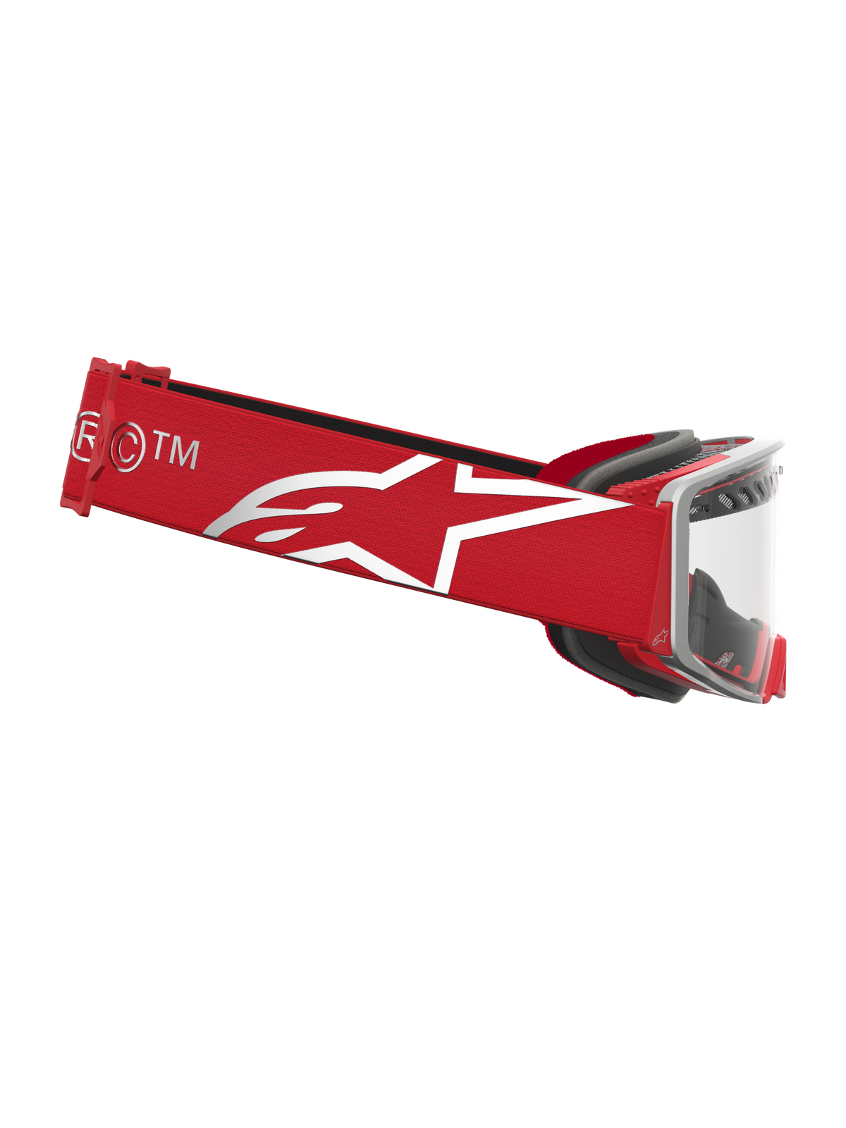 Alpinestars Maschere Supertech Dura Air Fluid, maschere da motocross racing, rosso e argento, lente chiara e logo a stella bianco sulla fascia.