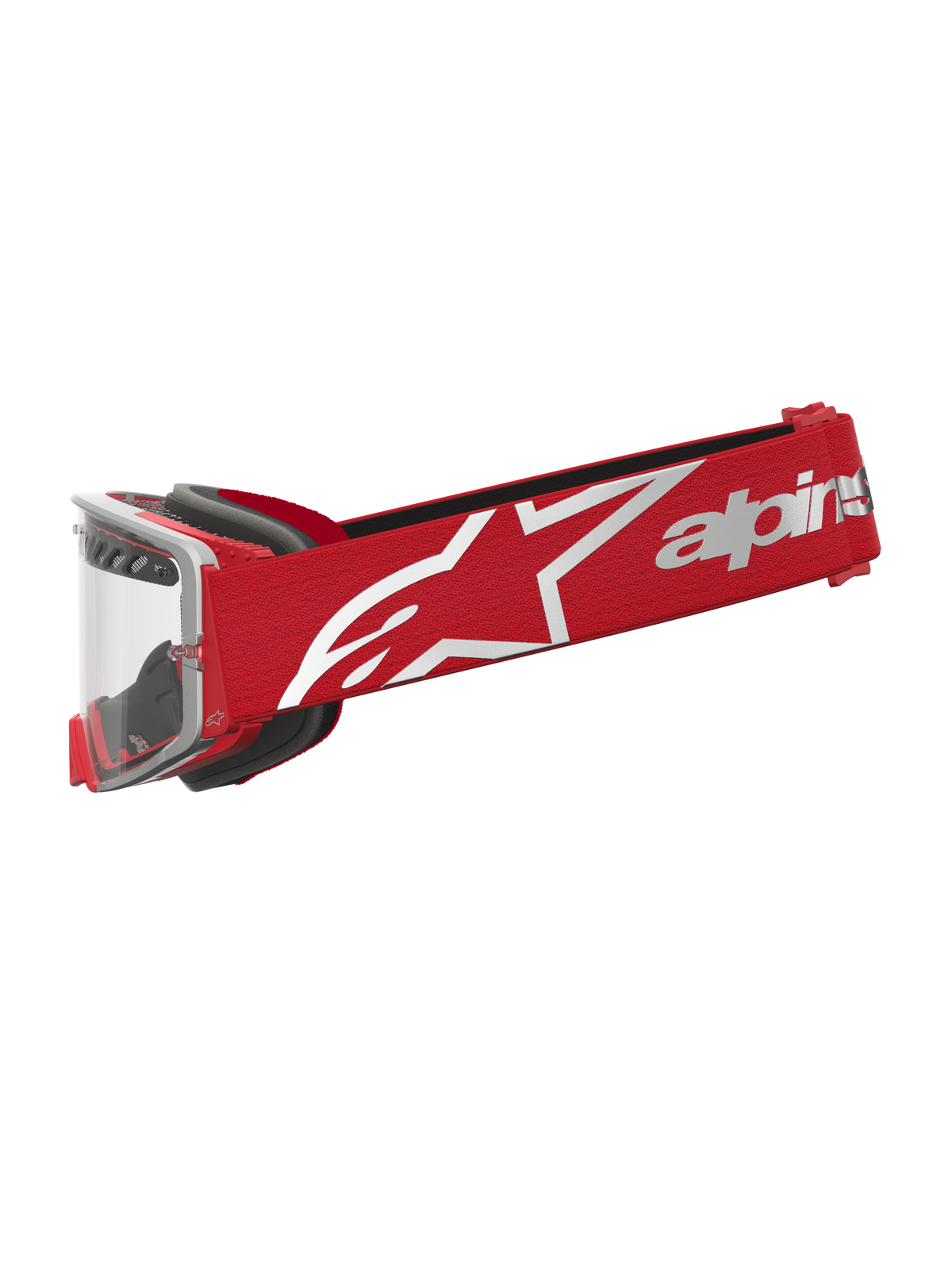 Alpinestars maschere Supertech Dura Air Fluid, occhiali da motocross rosso e argento con lente trasparente.