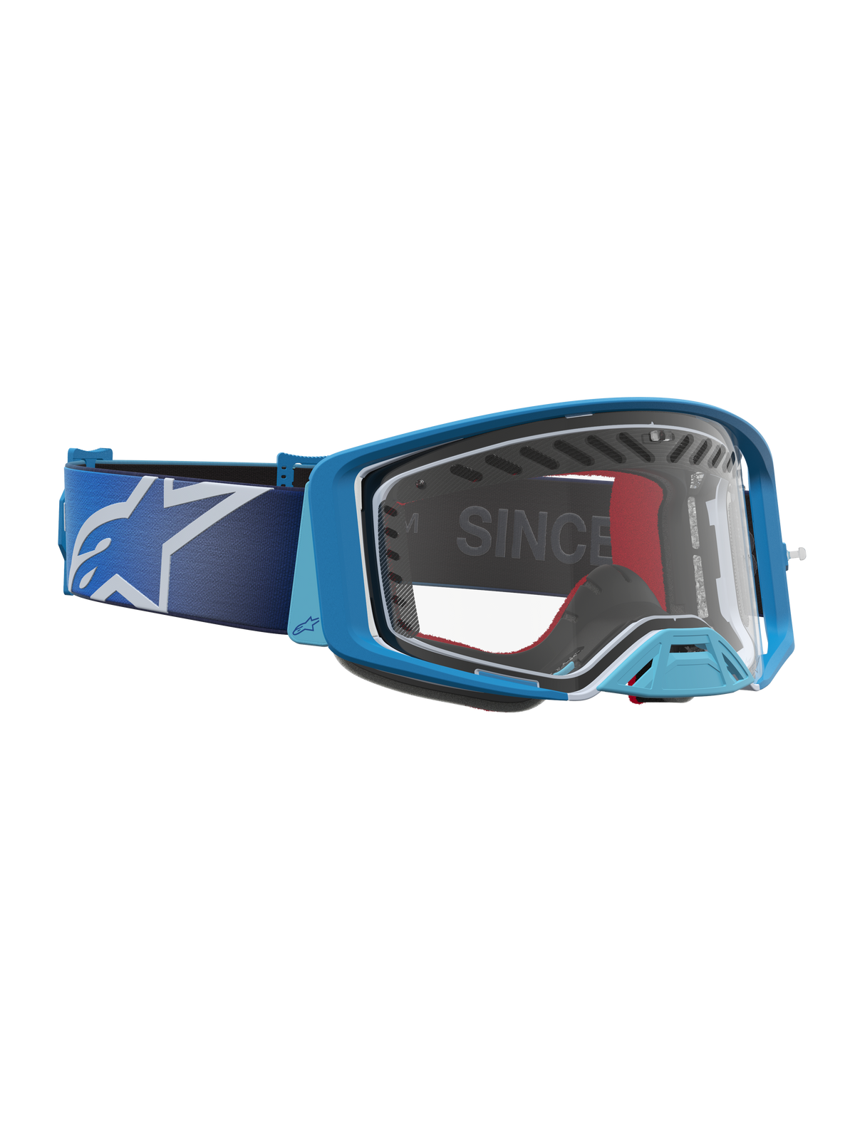 Alpinestars Maschere Supertech Dura Air Fluid, maschere da motocross blu e argento, lente trasparente e telaio ventilato.