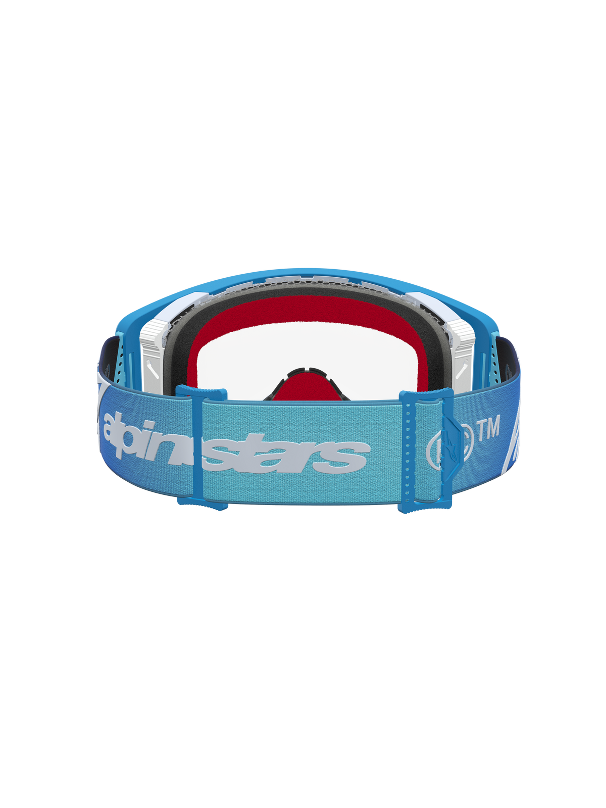 Alpinestars Maschere Supertech Dura Air Fluid, maschere da motocross, telaio blu e argento, lente trasparente, vista posteriore del cinturino regolabile con logo bianco.