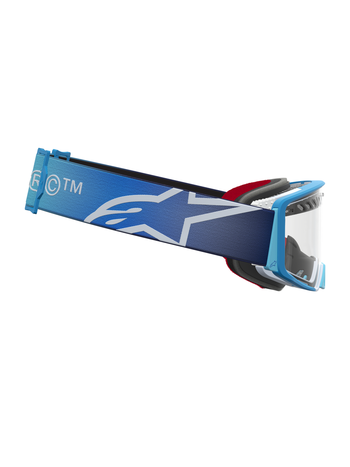 Alpinestars Maschere Supertech Dura Air Fluid, maschere motocross blu sfumato e grigio, lente trasparente e fascia con logo.