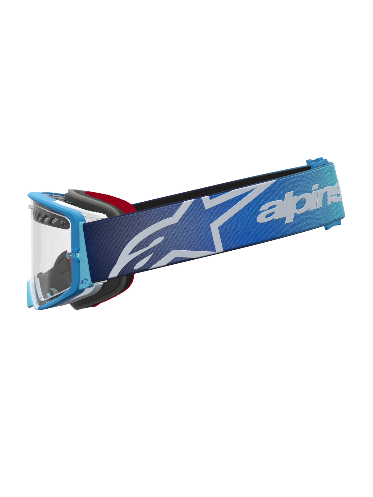 Alpinestars Maschere Supertech Dura Air Fluid, maschere da motocross blu sfumato, lente argento trasparente e cinturino logato per fuoristrada.