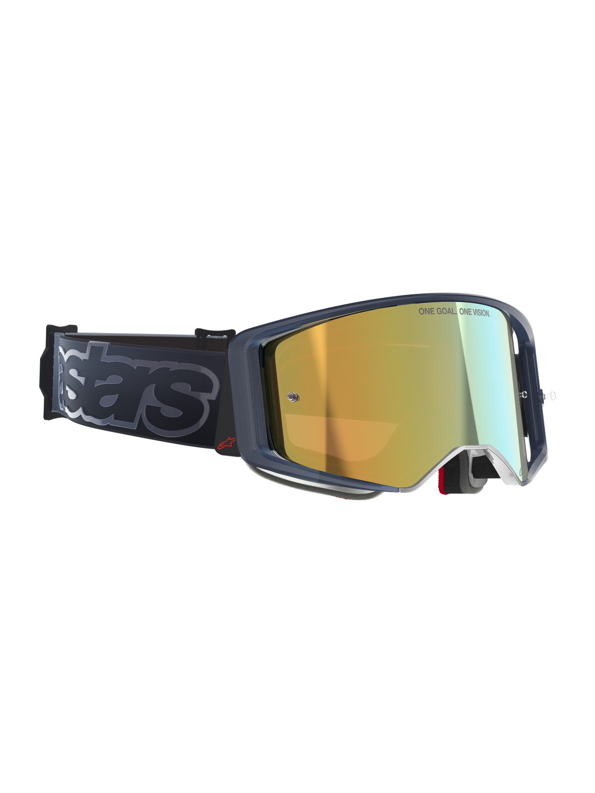 Maschere Alpinestars Supertech Vision Vista, maschere da motocross, Black Mirror Gold, lente specchiata oro con scritta 'ONE GOAL. ONE VISION.', montatura scura con accento logo rosso, ampia fascia nera con branding 'stars' grigio, occhiali off-road ad alte prestazioni