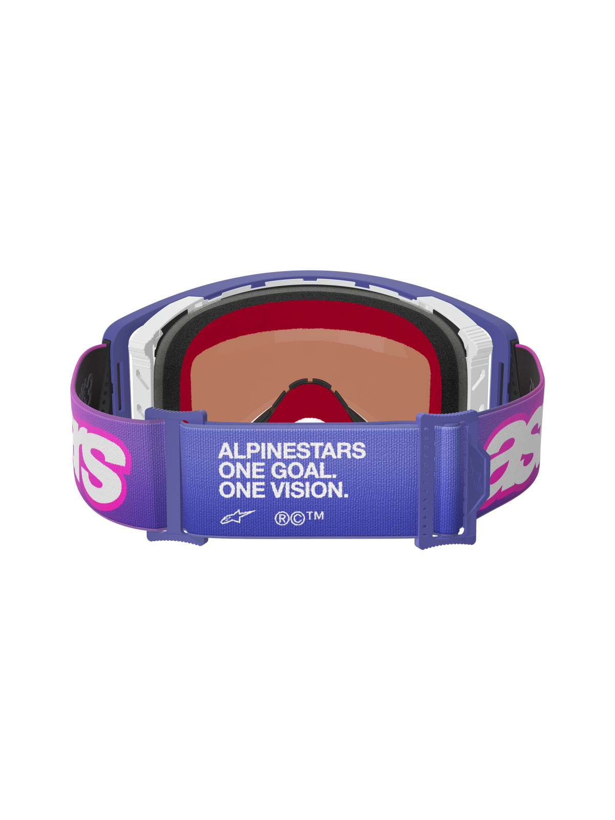 Maschere Alpinestars Supertech Vision Vista, Purple Fluo Pink Mirror Blue, vista posteriore che mostra la fascia elastica con testo bianco "ALPINESTARS ONE GOAL. ONE VISION.", loghi Astar rosa, montatura viola con spessa imbottitura in schiuma, occhiali professionali per competizioni off-road