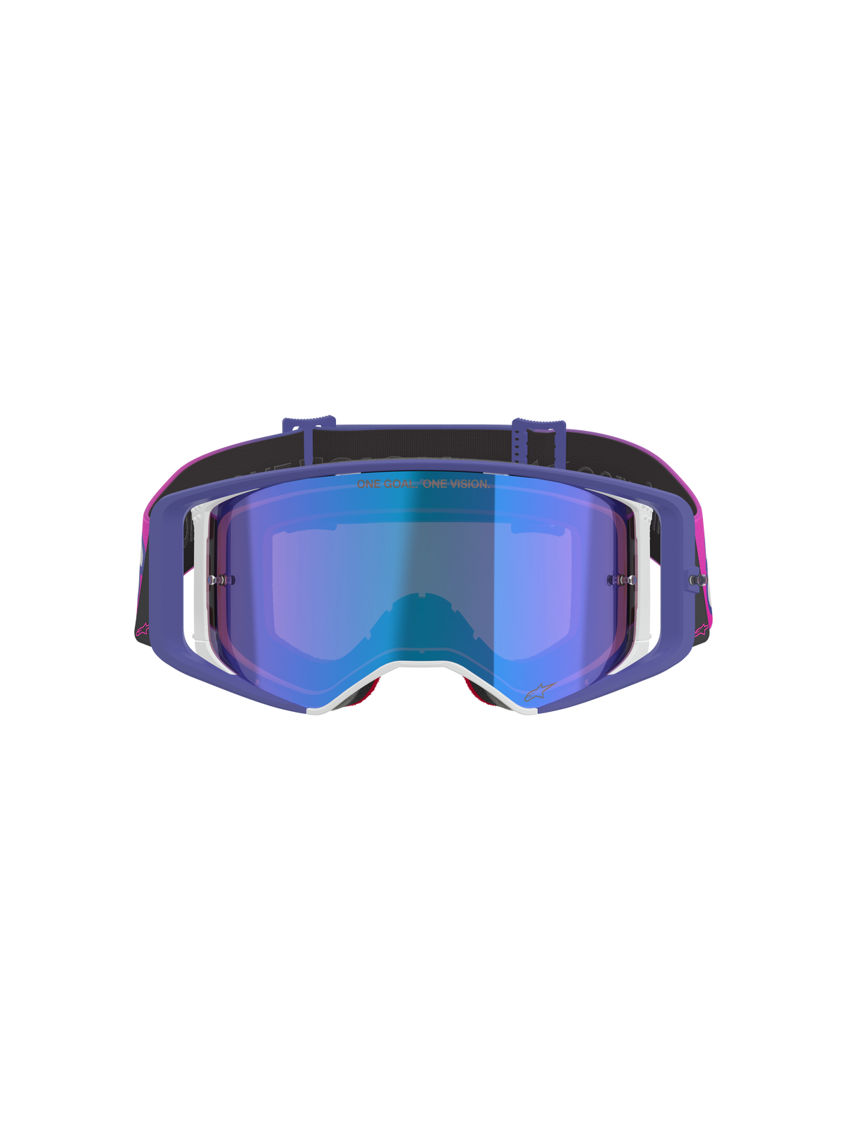 Maschera Alpinestars Supertech Vision Vista, maschera da motocross, viola, rosa fluo e blu specchiato, vista frontale con lente blu specchiata, montatura viola con accenti bianchi e fascia rosa vivace e nera con logo Alpinestars