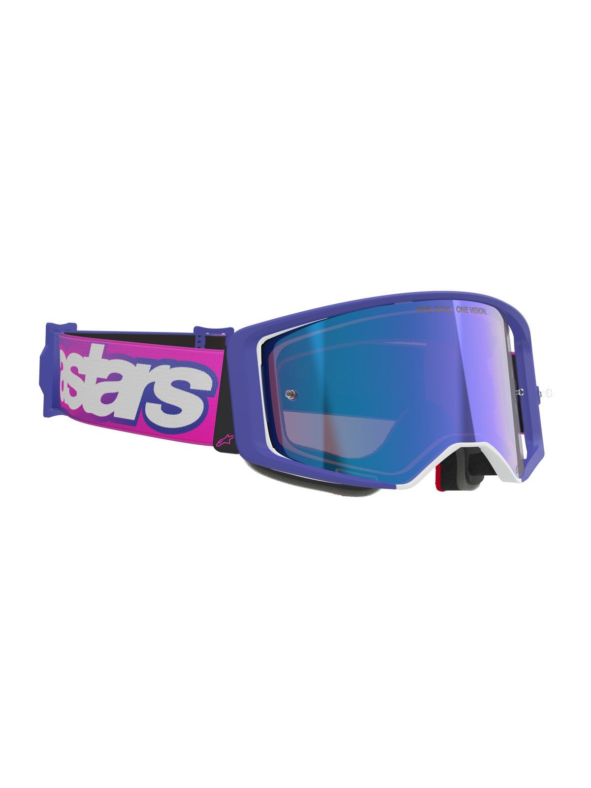 Maschere Alpinestars Supertech Vision Vista, maschere da motocross, montatura viola e rosa fluorescente con lente a specchio blu riflettente, fascia rosa con logo Alpinestars bianco, occhiali professionali per il fuoristrada