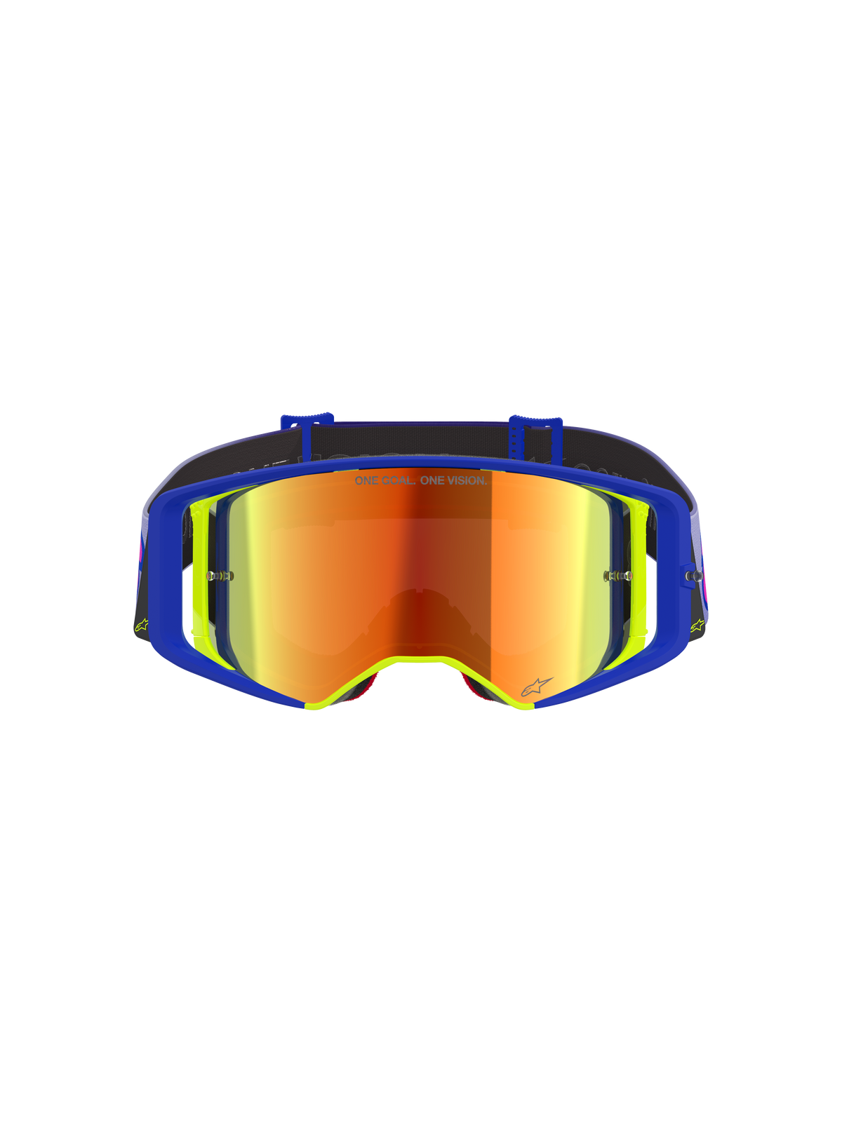 Alpinestars Supertech Vision Vista Goggles, maschere da motocross, montatura blu e gialla con lente a specchio rossa, riflessi viola e arancioni, scritta 'ONE GOAL. ONE VISION.' sulla lente, occhiali professionali ad alte prestazioni per il fuoristrada