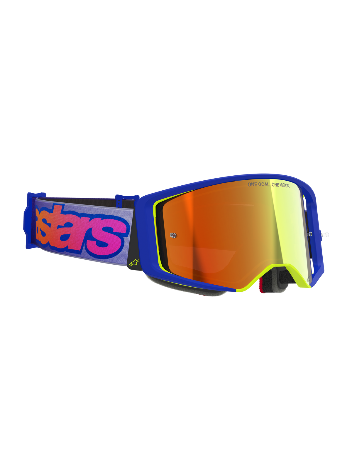 Maschere Alpinestars Supertech Vision Vista, maschere da motocross, montatura blu e gialla con lente a specchio rossa, fascia viola con logo Alpinestars rosa acceso, occhiali protettivi professionali per corse fuoristrada